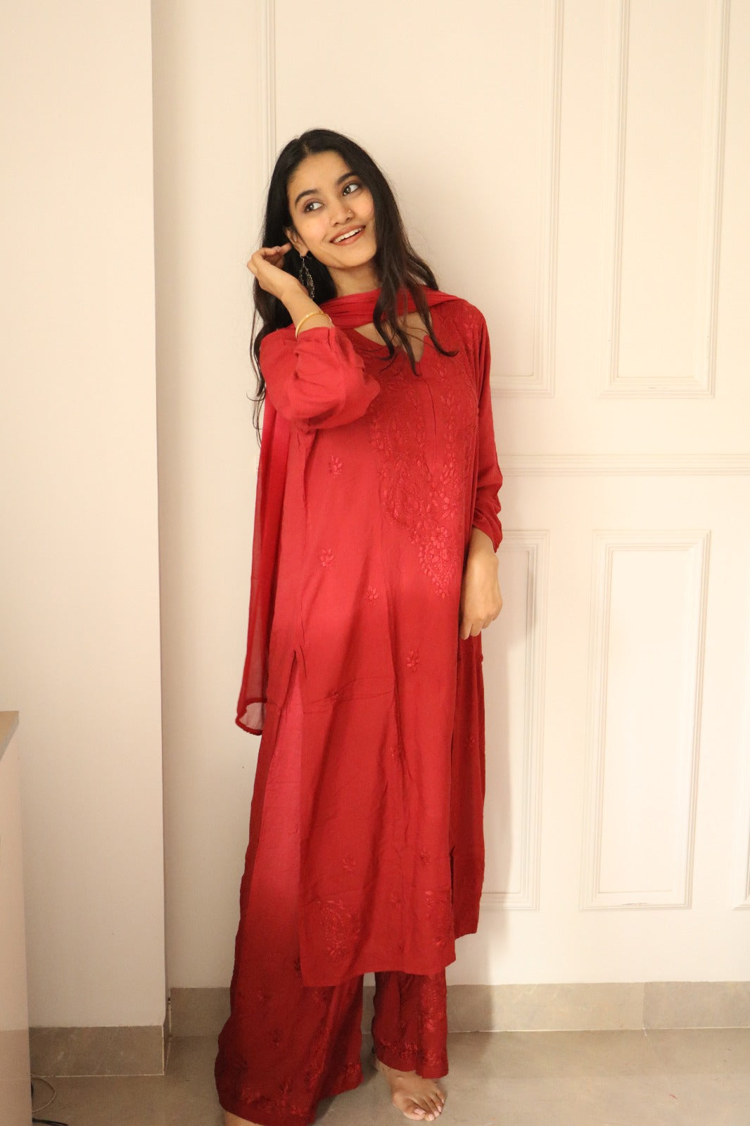 Red Chikankari Rayon Kurti Palazzo Set With Dupatta