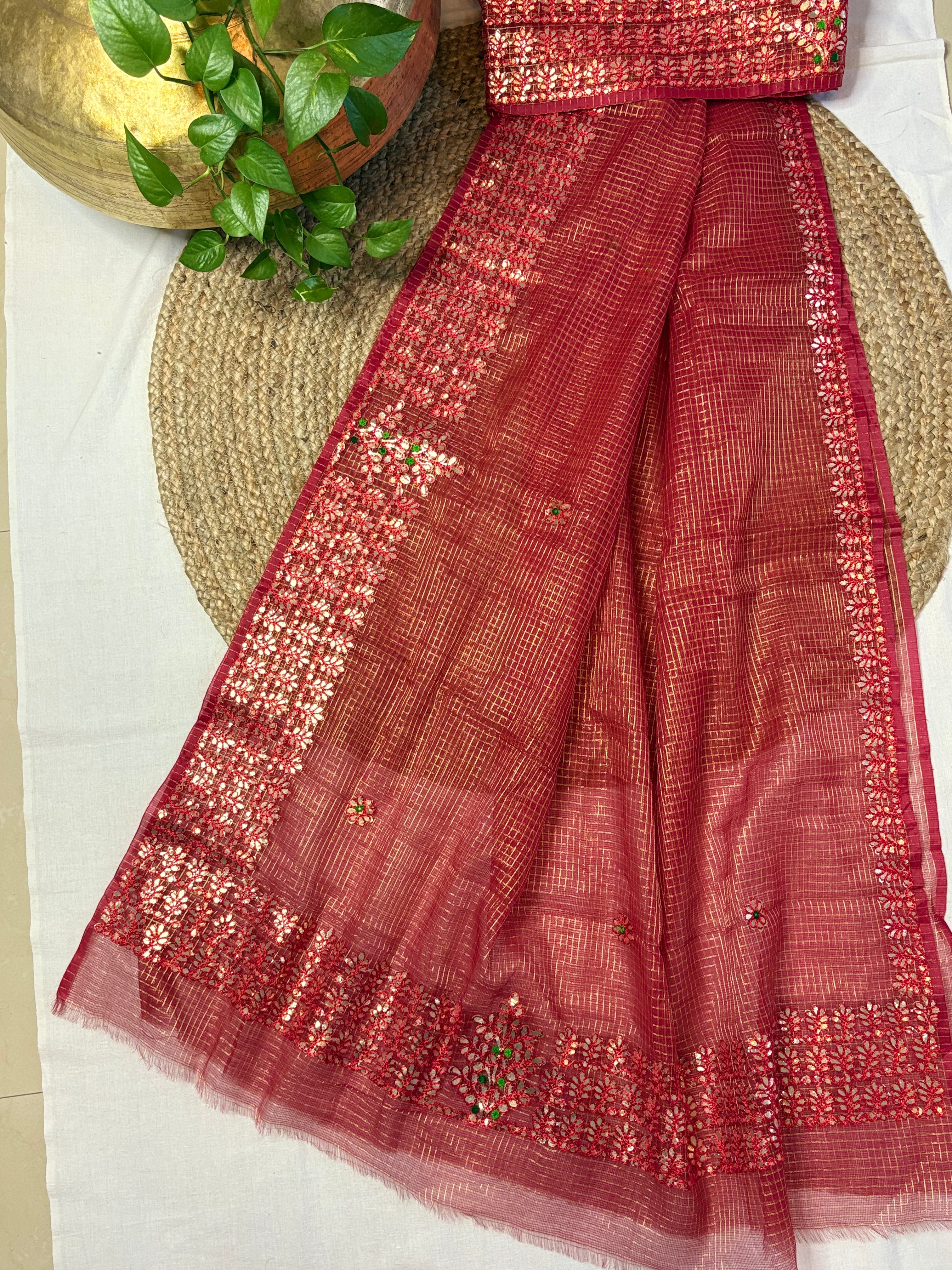 Gulbano Red Kota Doria Gota Patti Saree