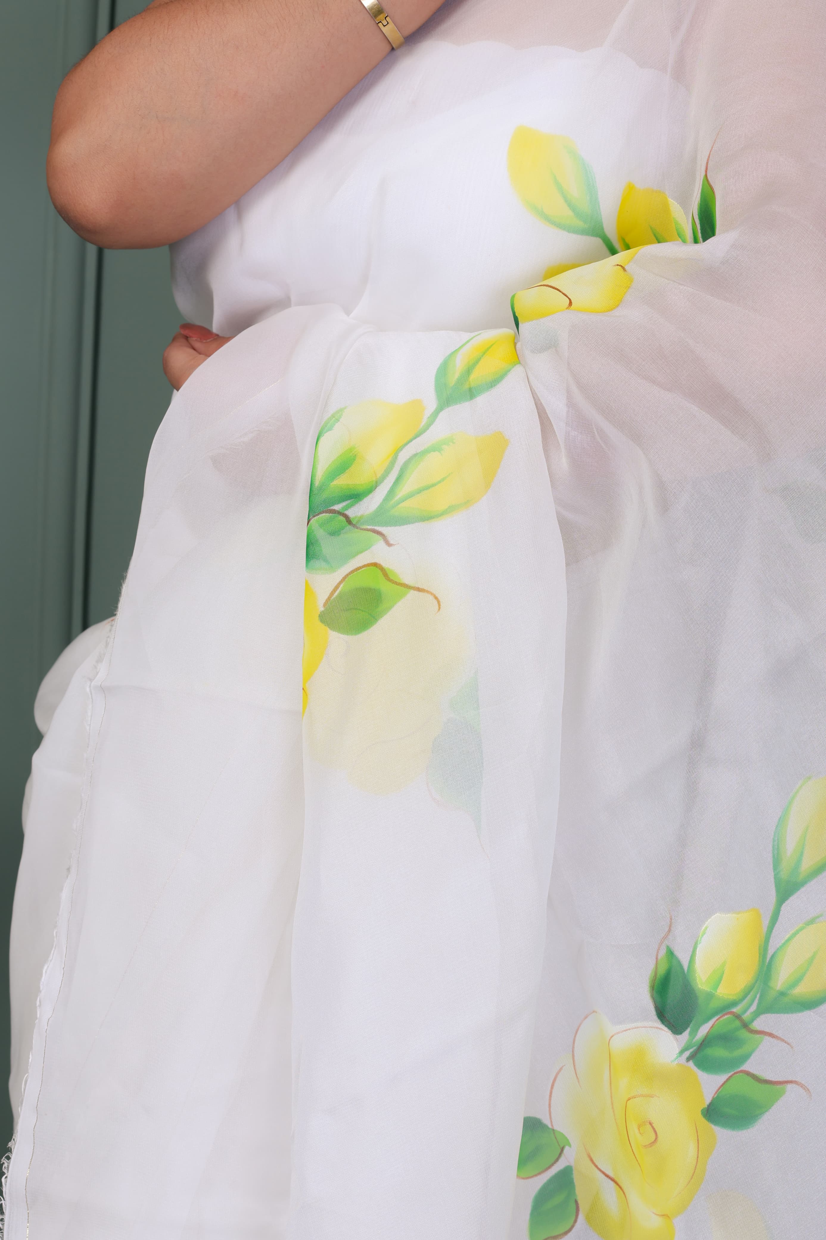 Organza Hand Painted Saree In White