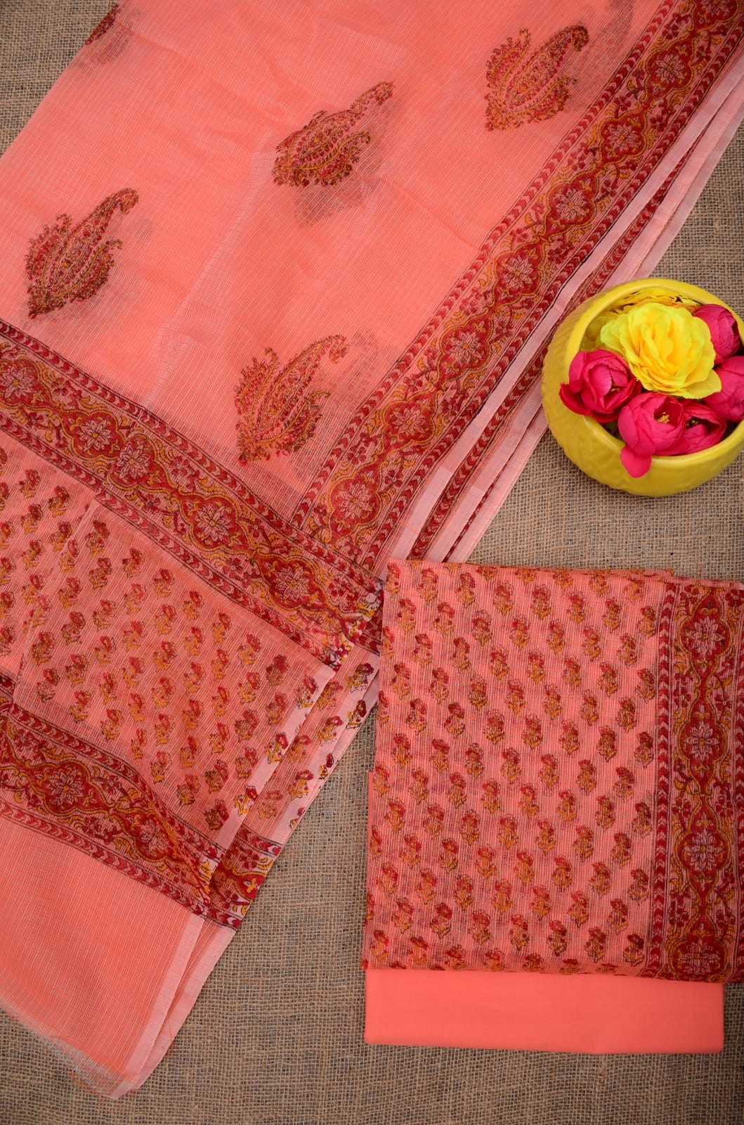 Summer Look Kota Doria Hand Block Print Suit In Peach(unstitched)