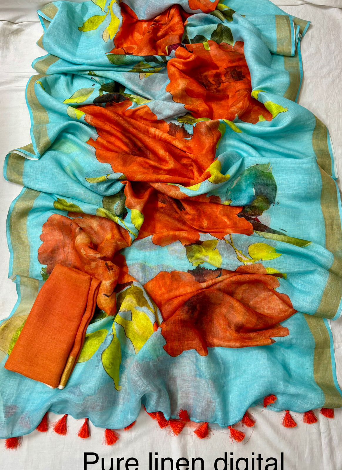 Mahika Blue Floral Pure Linen Saree