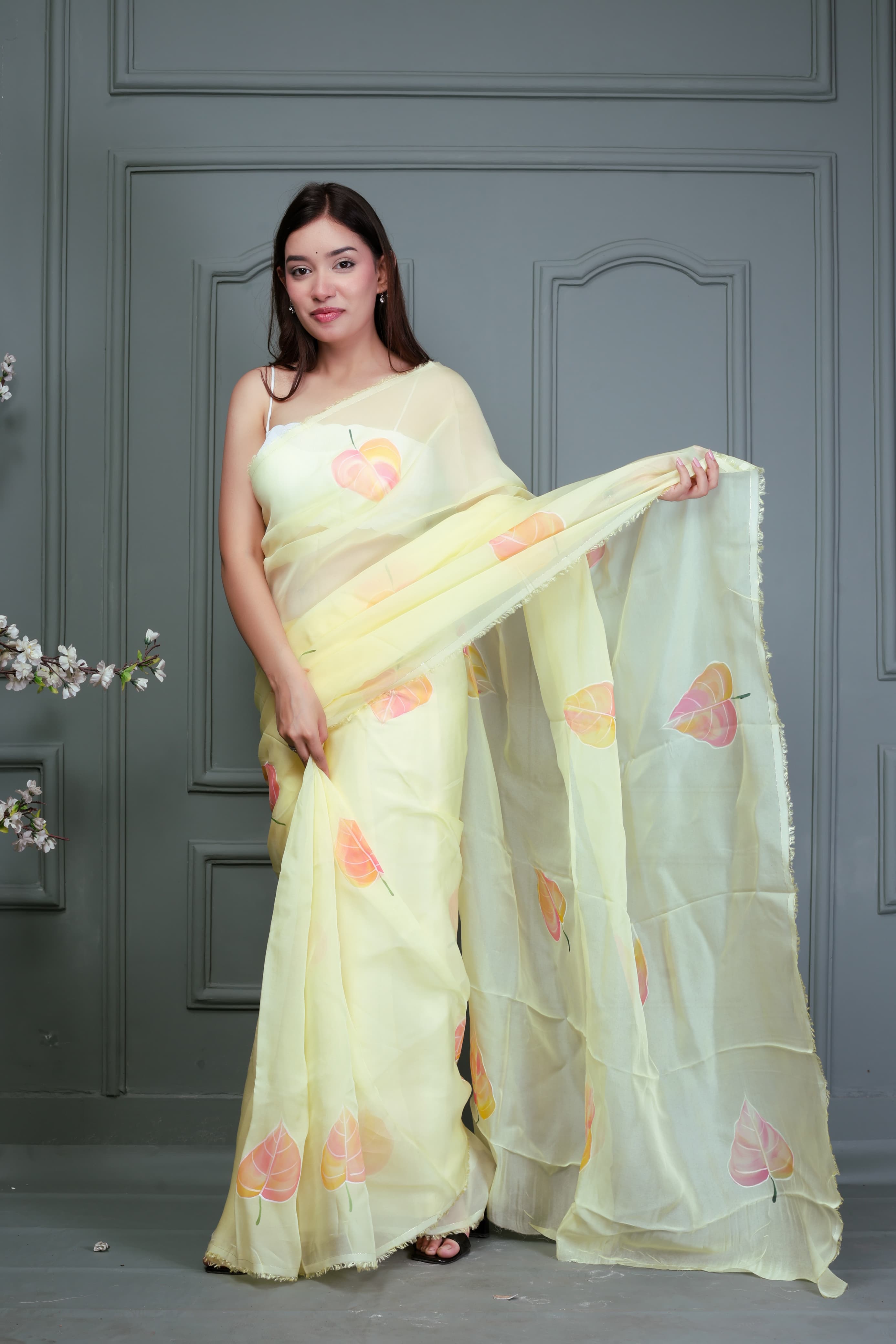 Light Yellow Organza Hand Painted Saree