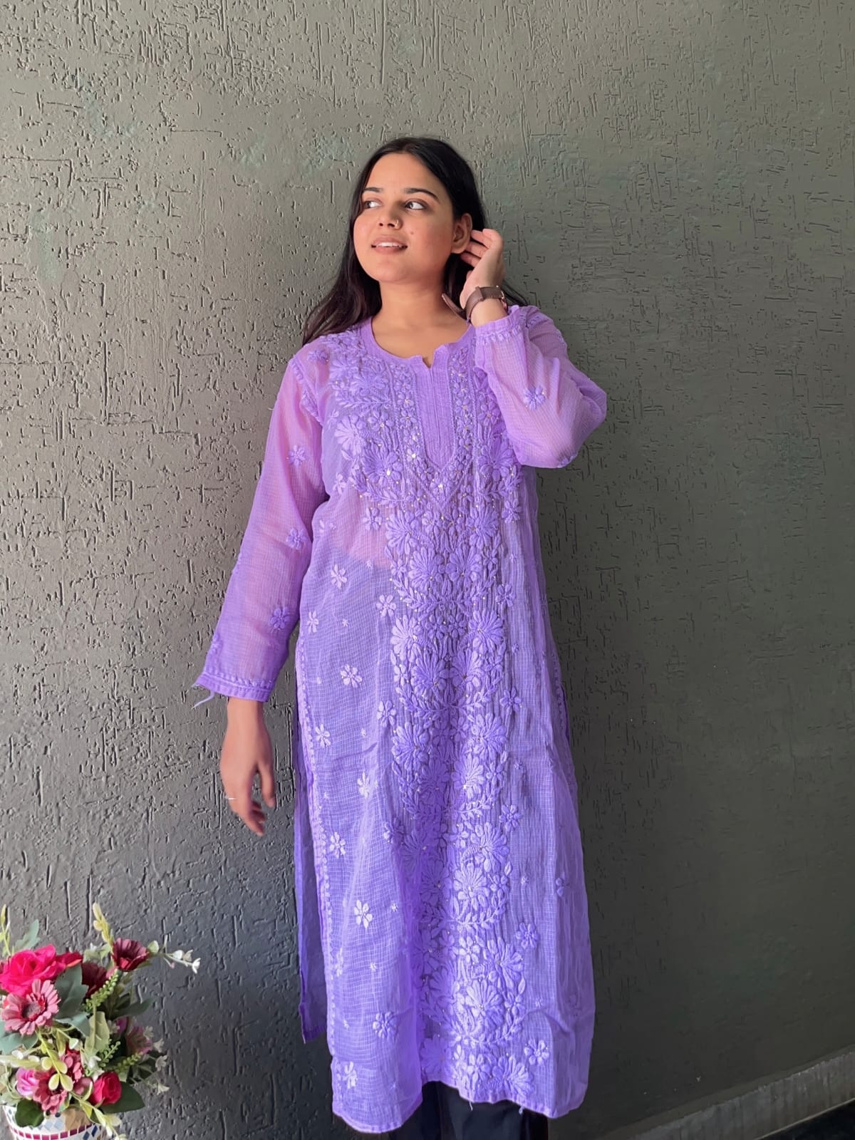 Purple Chikankari Embroidery work Kota doria kurti (only kurti)