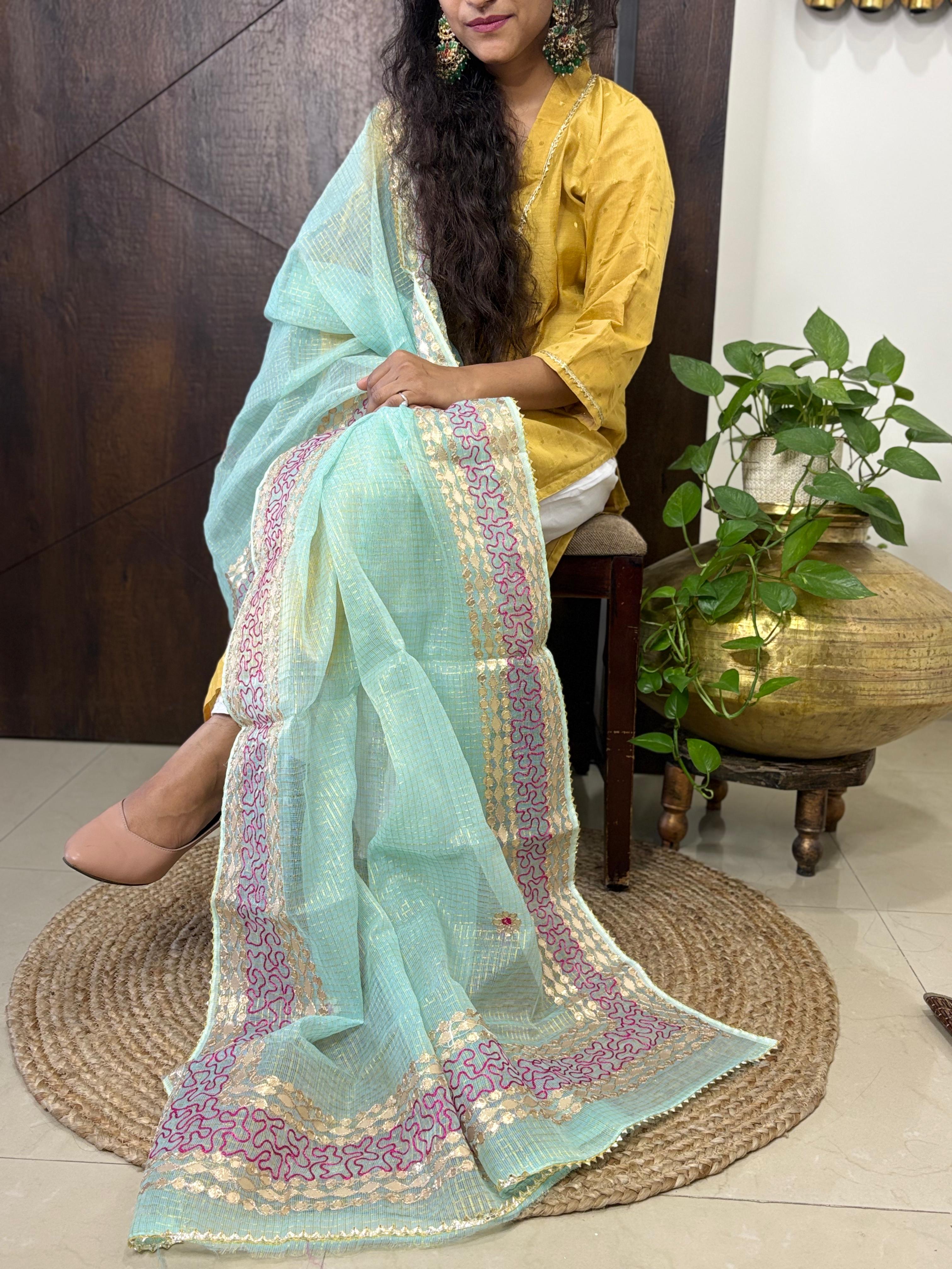 Blue Kota Doria Heavy Gota Patti Work Dupatta