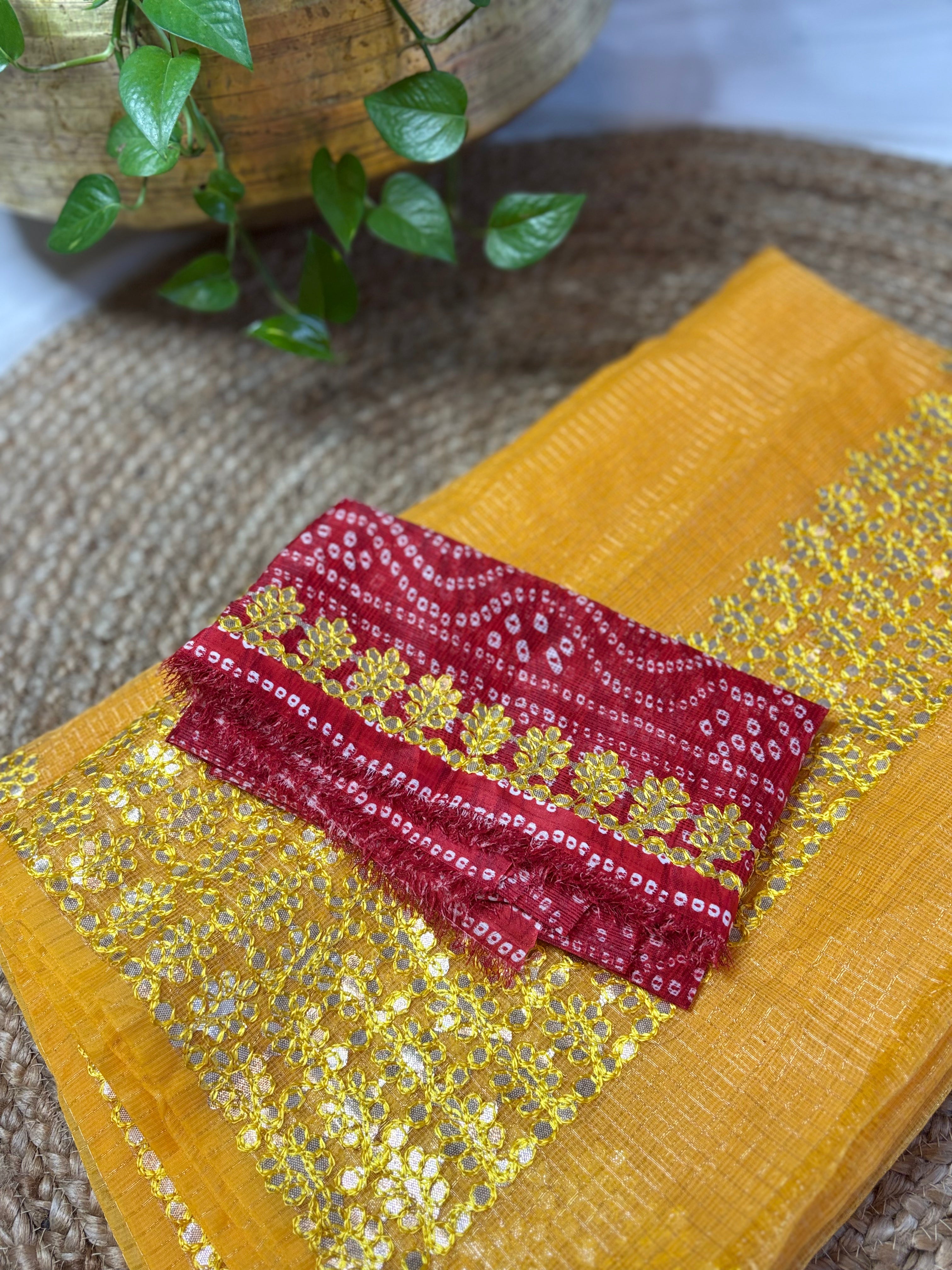 Yellow Kota Doria Gota Patti Saree