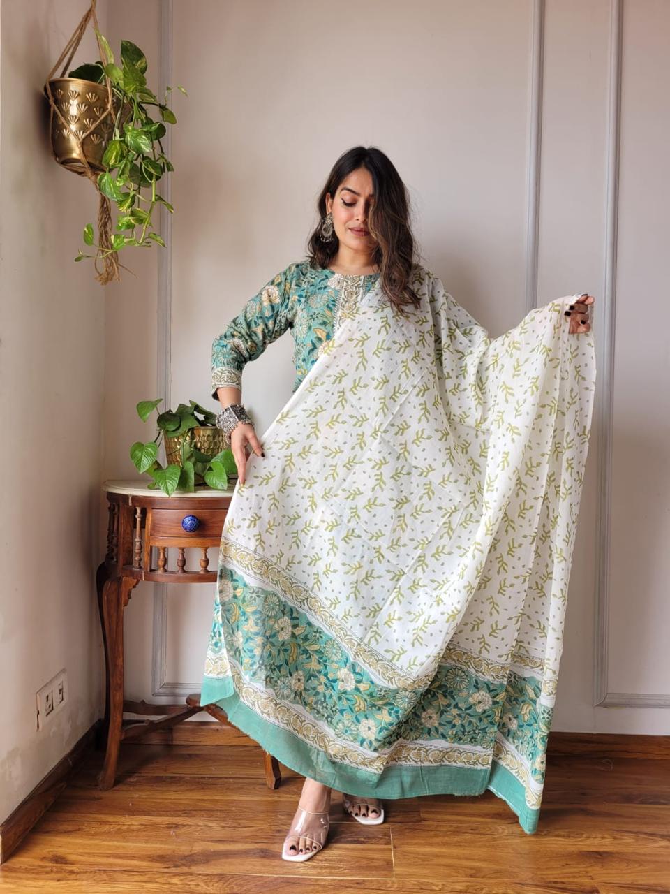 Green Block Print Suit Set With Dupatta