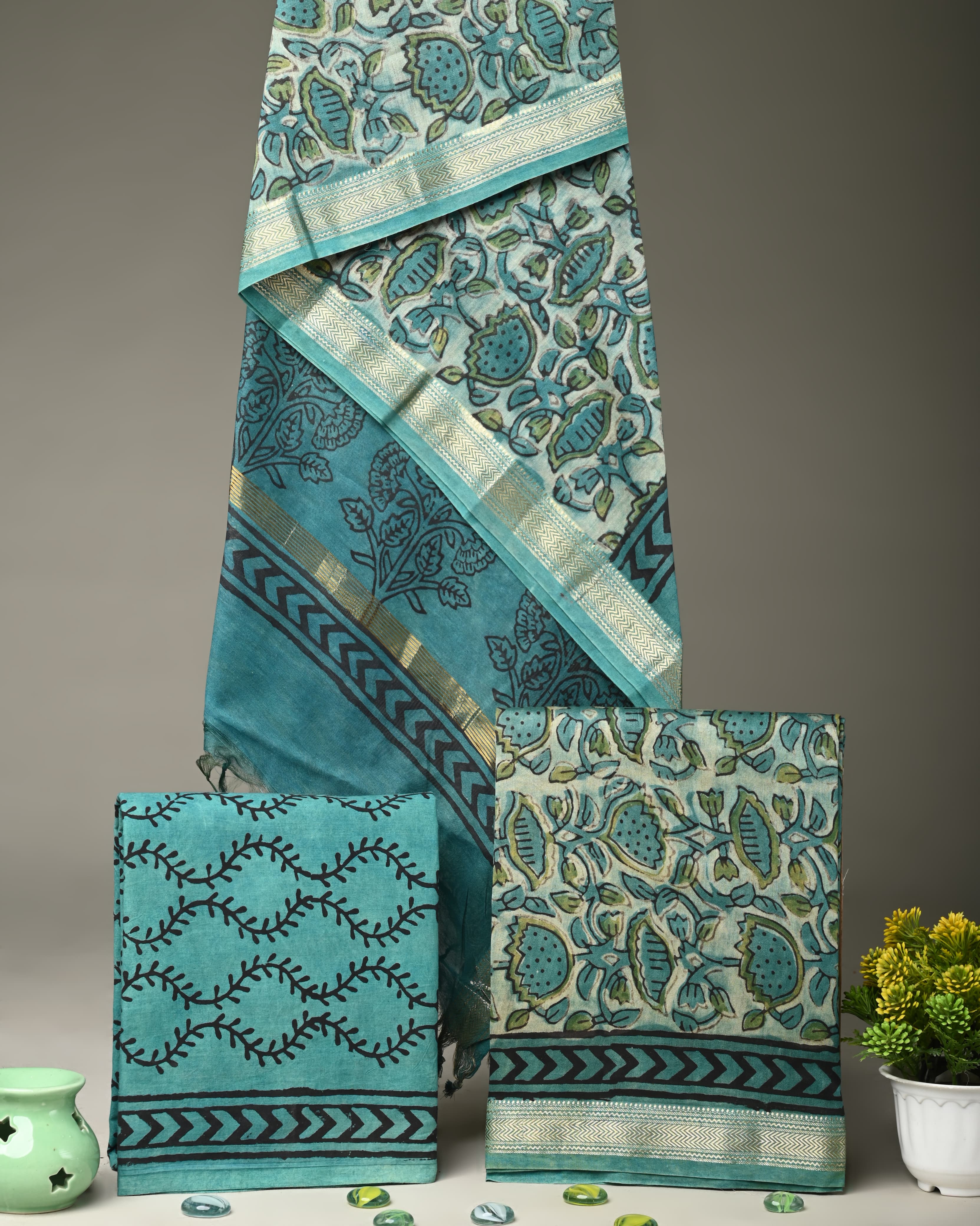 Sea Blue Maheshwari Silk Handblock Print Suit Material