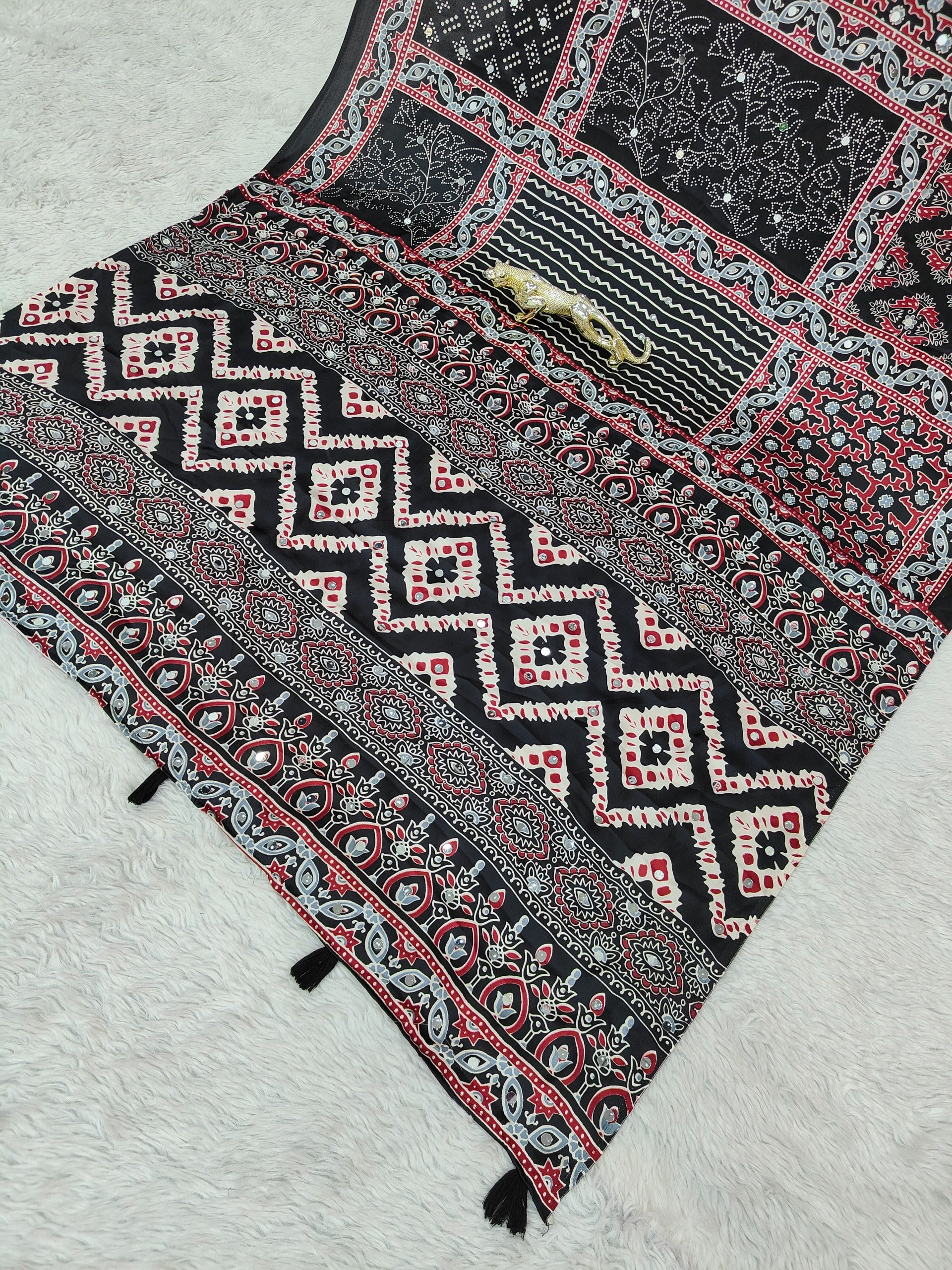 Black Ajrakh Print Mirror Work Satin Silk Saree
