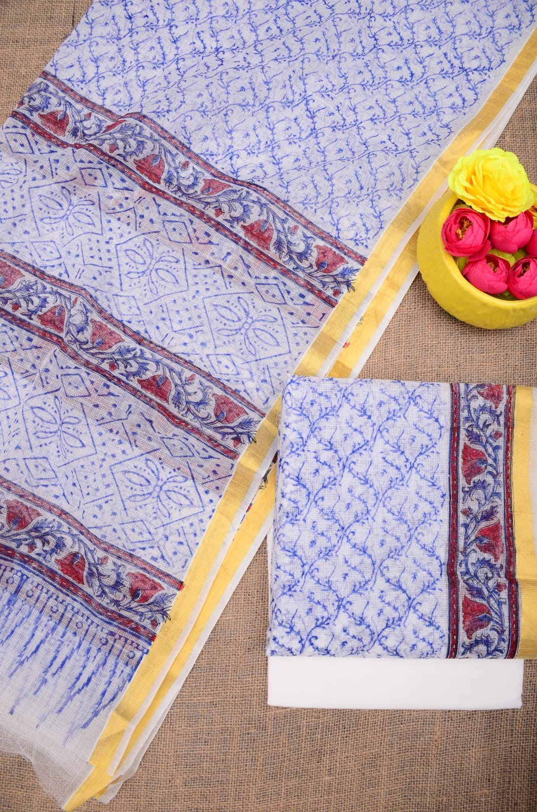 Summer Look Kota Doria Hand Block Print Suit In Blue (unstitched)