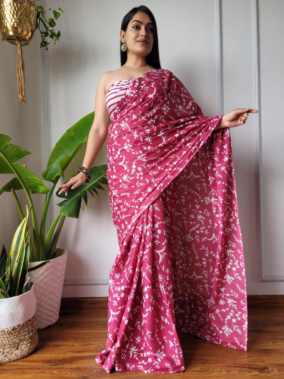 Pink Cotton Printed Saree