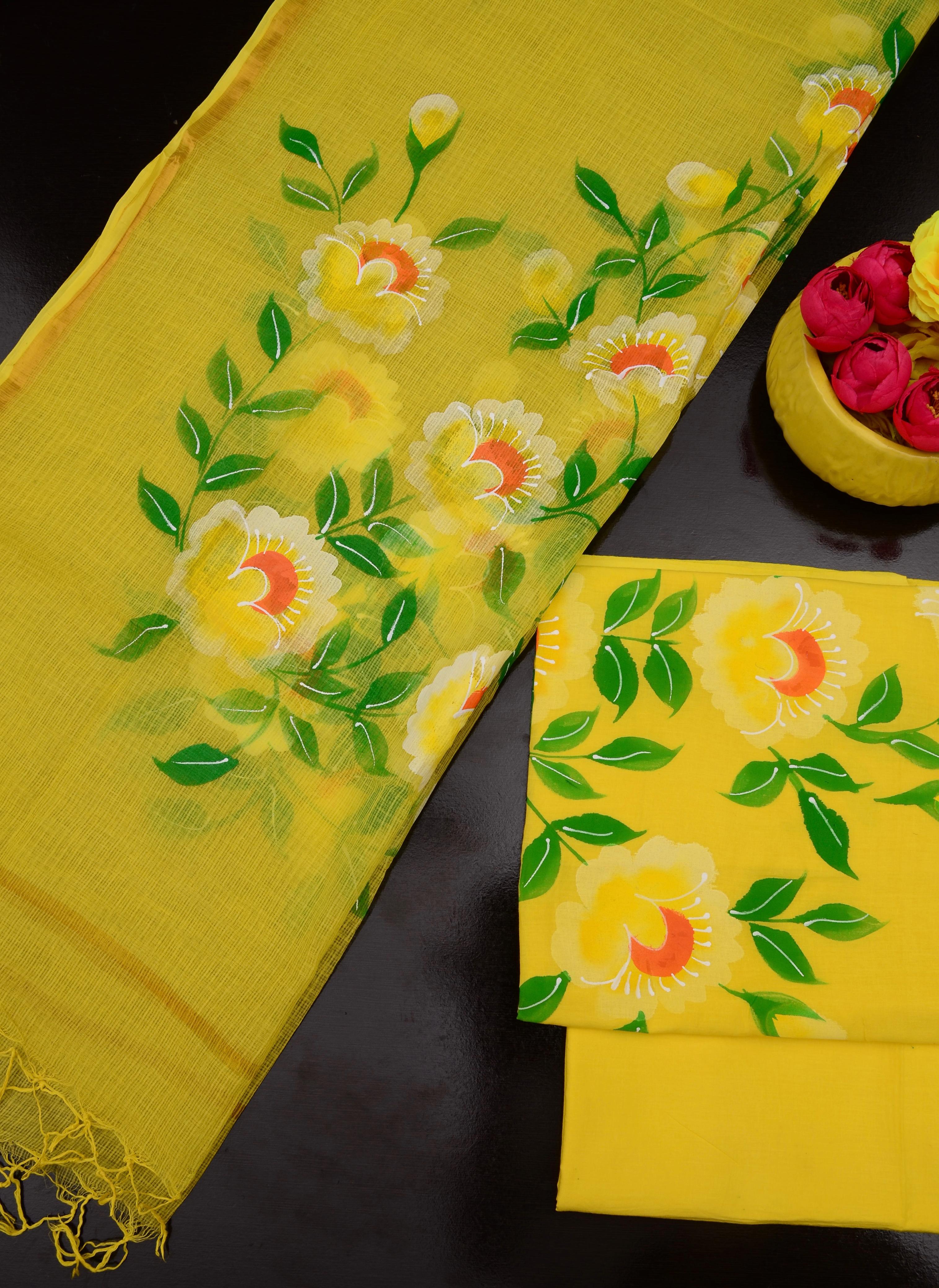 Yellow Hand Painted Cotton Kota Doria Suit With Dupatta