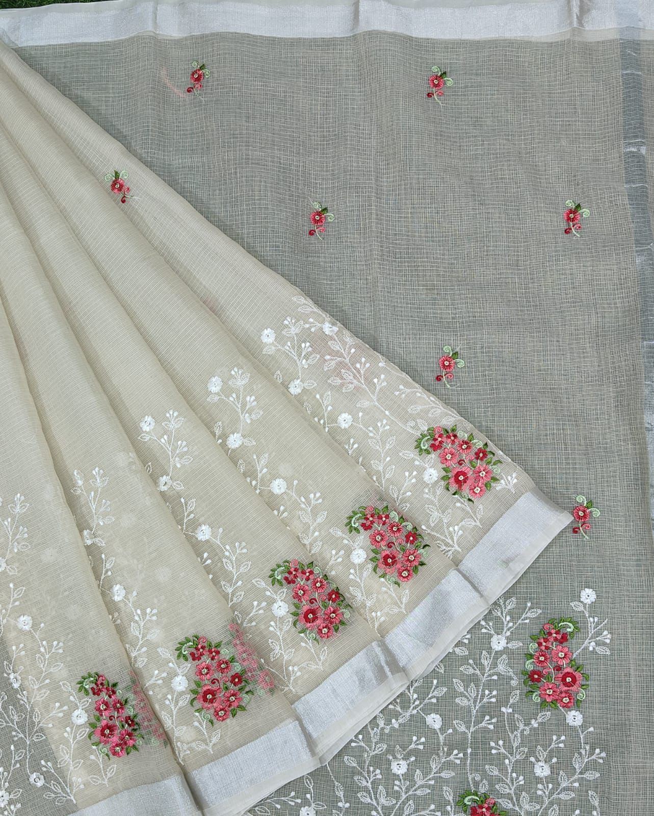 Off White Kota Doria Embroidery Work Sari