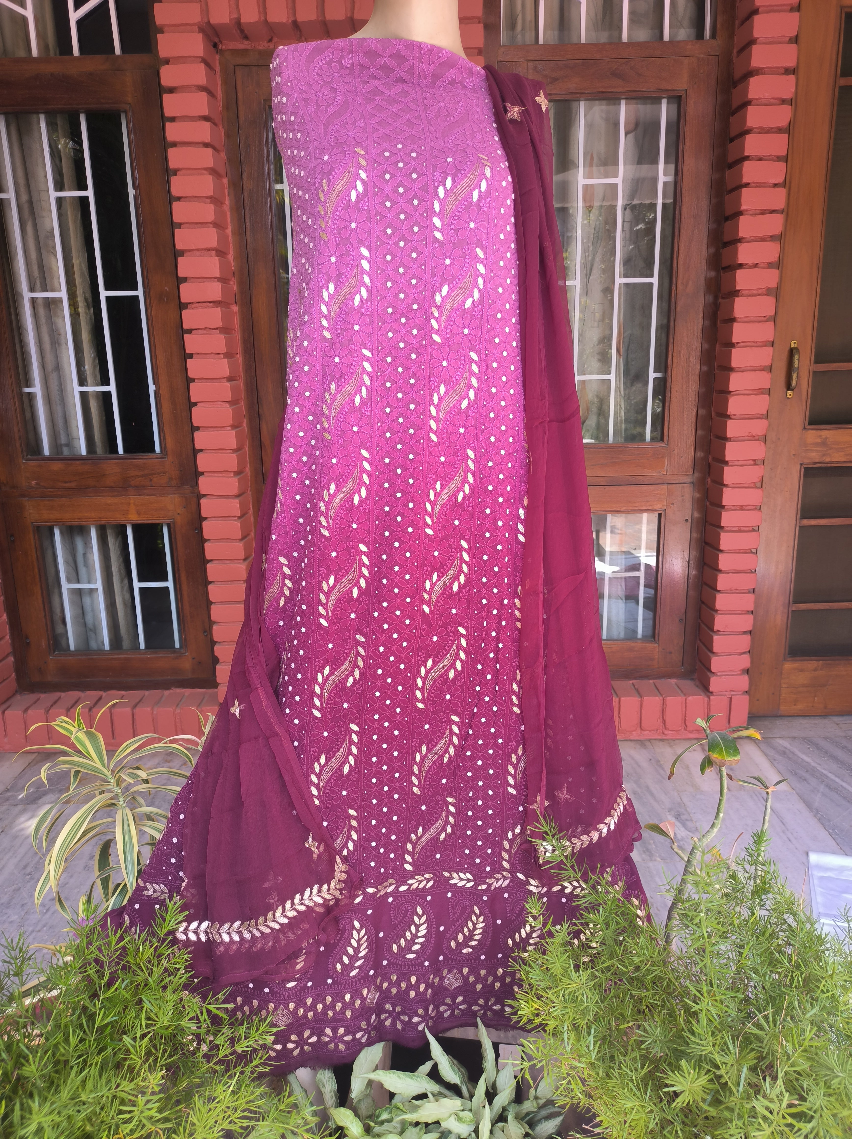 Purple & deep maroon Lucknowi Chikankari Gota Patti Salwar Suit(Dress Material)