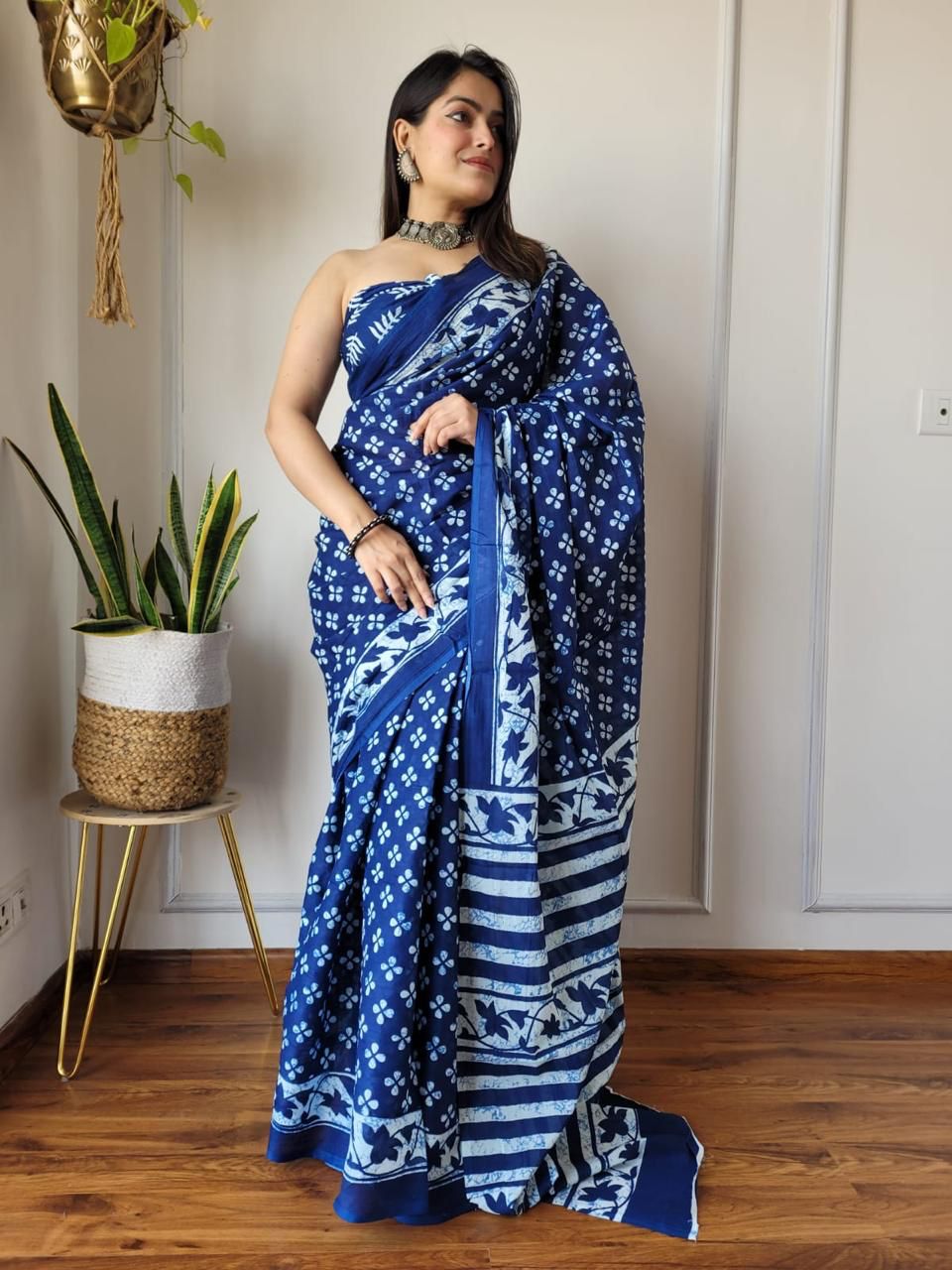 Ink Blue Trending Indigo Hand Block Print MulMul Cotton Saree