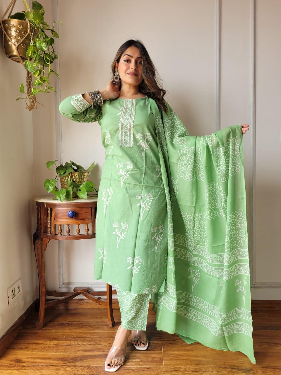 Pista Green Cotton Suit Set