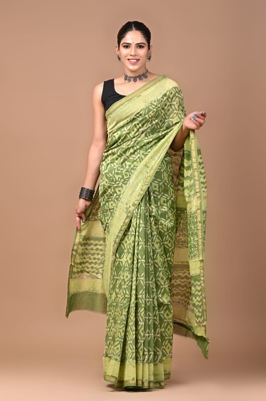 Green Bagru Saree from Jaipur