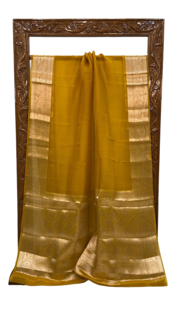 Yellow Banarasi Semi Kora Organza Saree