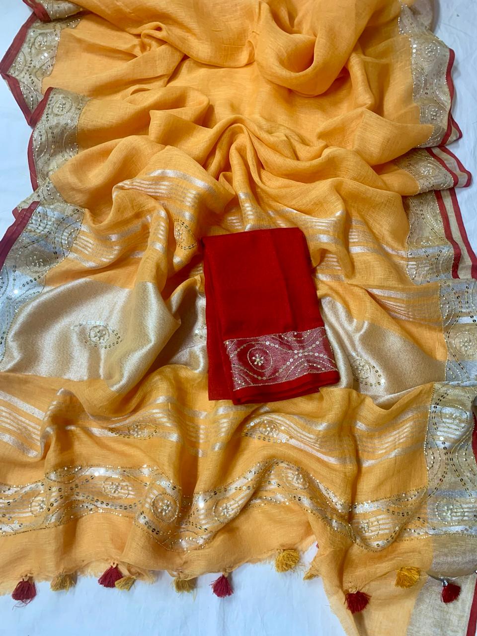 Yellow Pure Linen Embroidery Saree