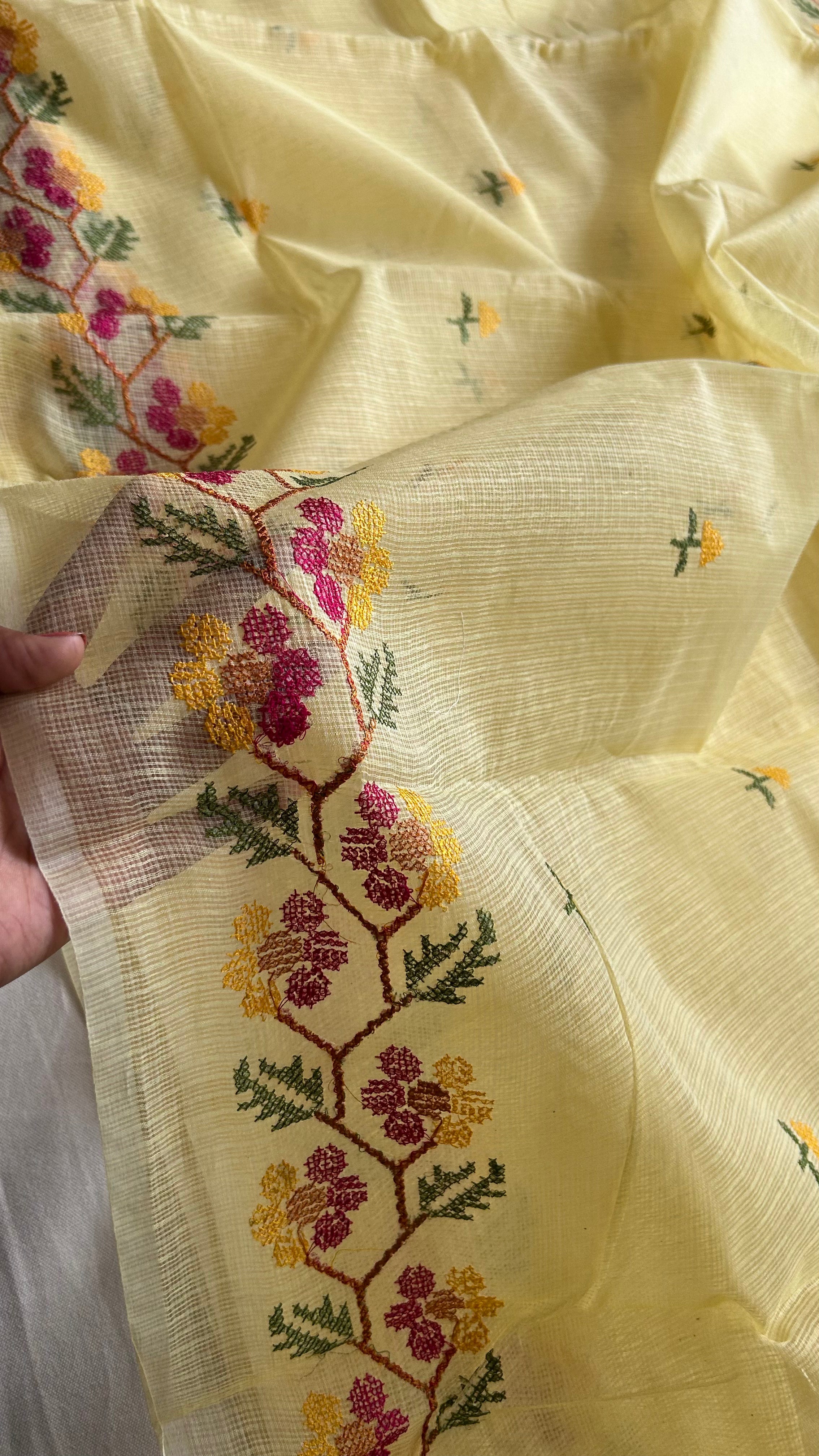 Cross Stitch Kota Doria Embroidery Work Saree In Yellow
