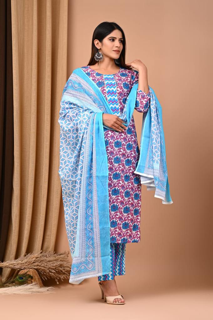 Blue Pink Block Print Suit Set With Dupatta