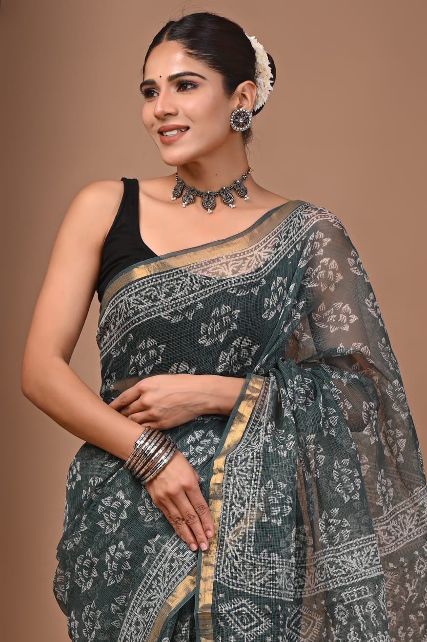 Soniya- Authentic Metal Green Traditional Kota Doriya Print Saree