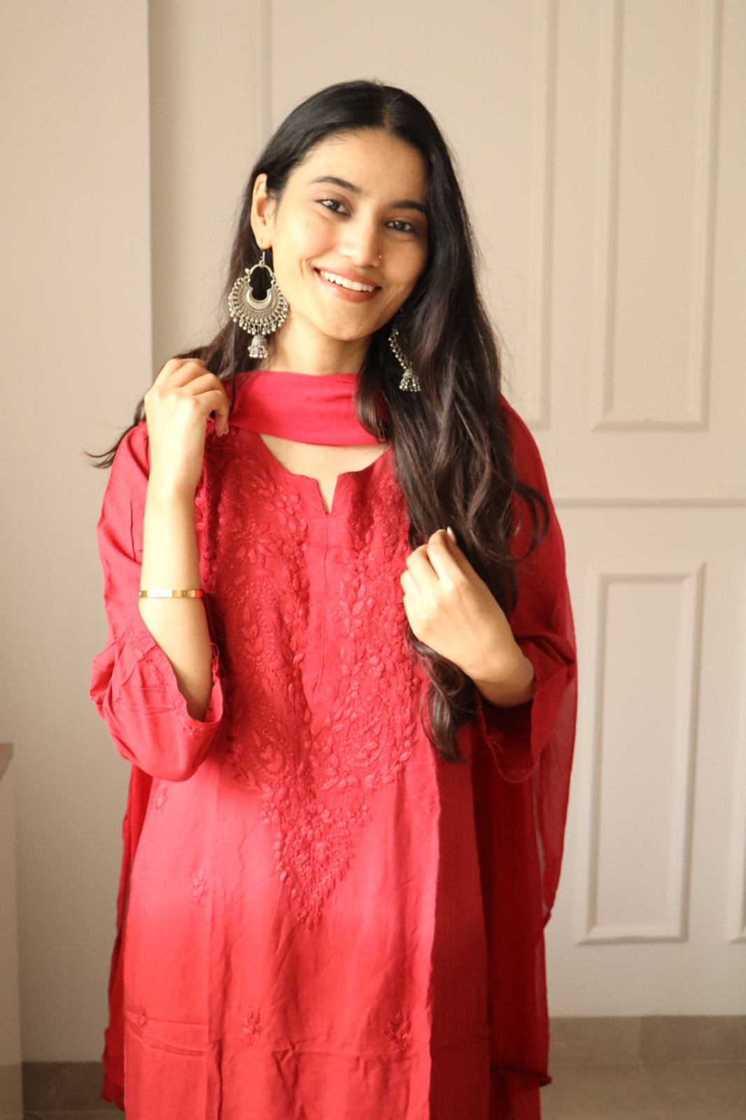 Red Chikankari Rayon Kurti Palazzo Set With Dupatta