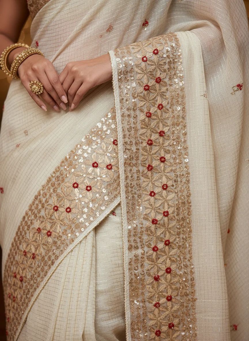 Padam- Off White Kota Doria Heavy Border Gota Patti Saree
