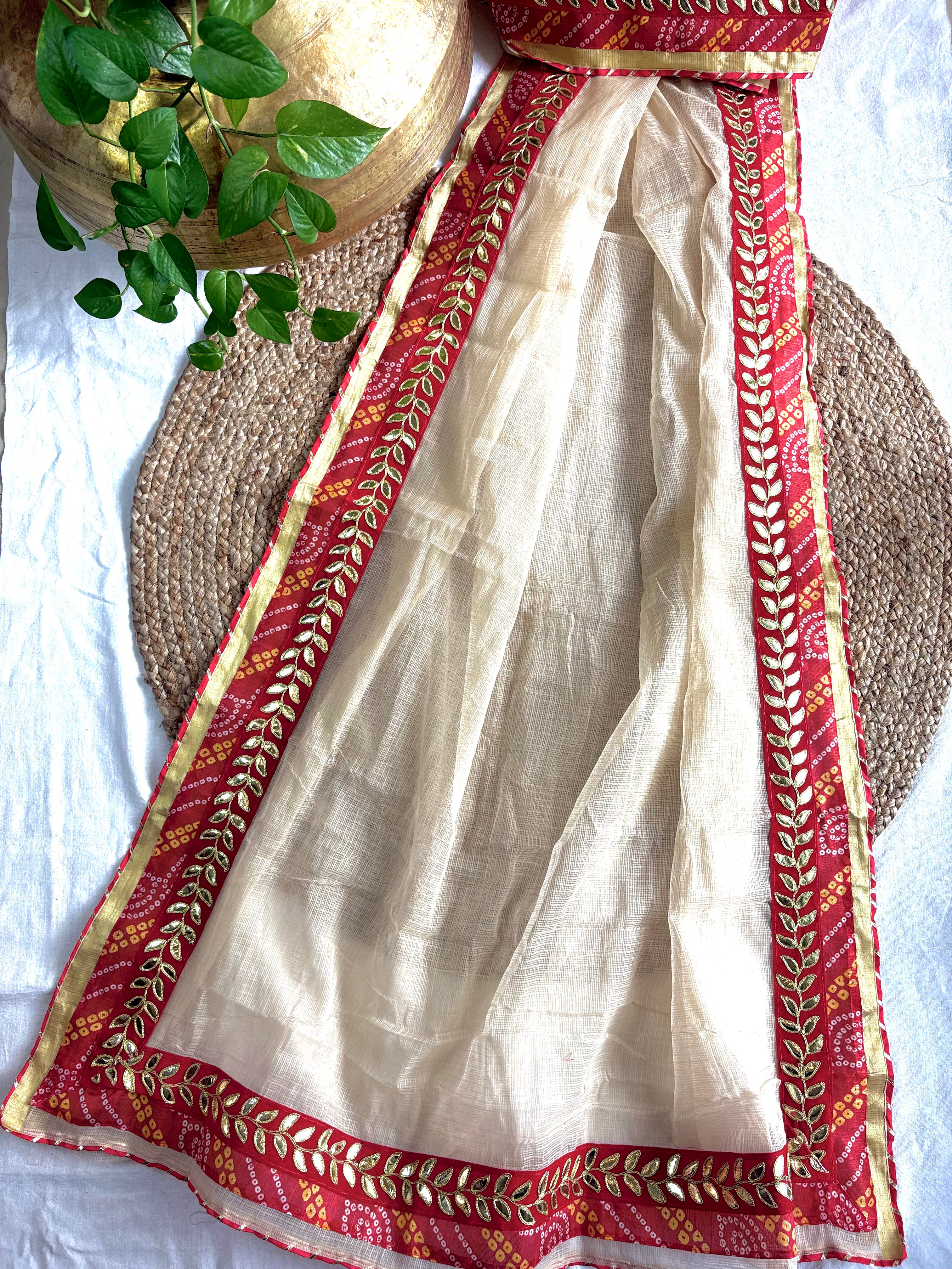 Beige colour Kota Doria Gota Patti Saree