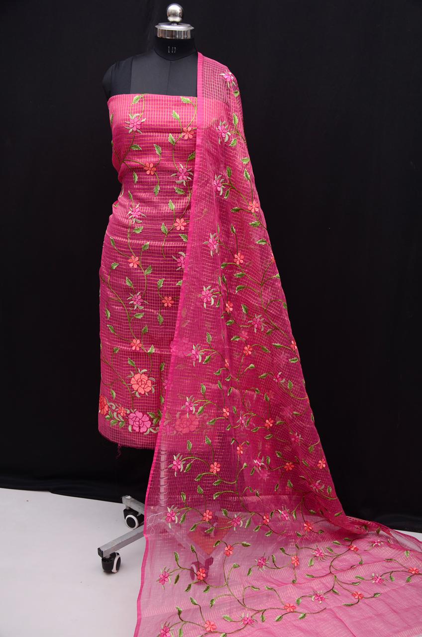 Kota Doria Embroidered Suit Set In Pink ch (unstitched) (Copy)