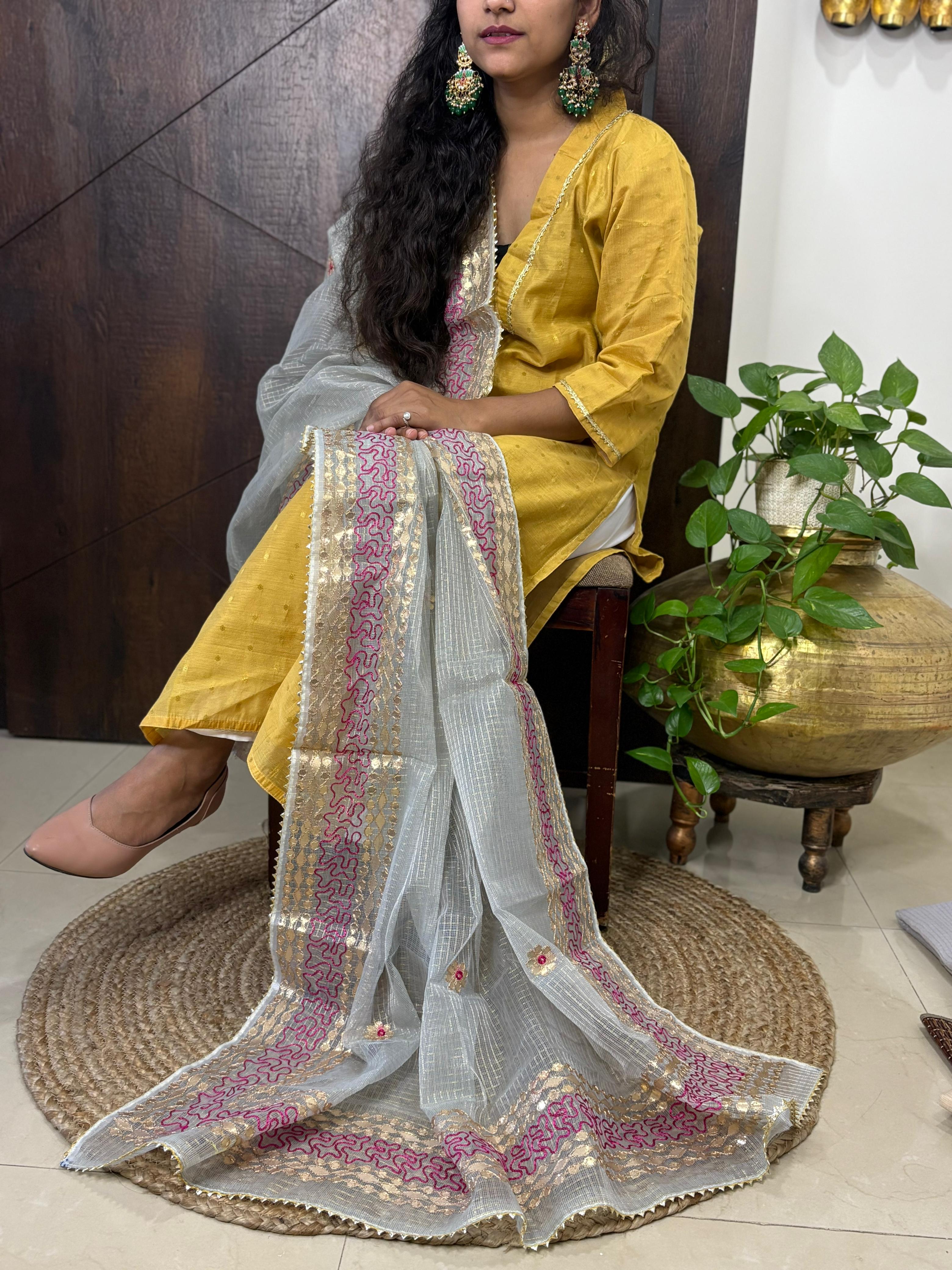 Grey Kota Doria Heavy Gota Patti Work Dupatta