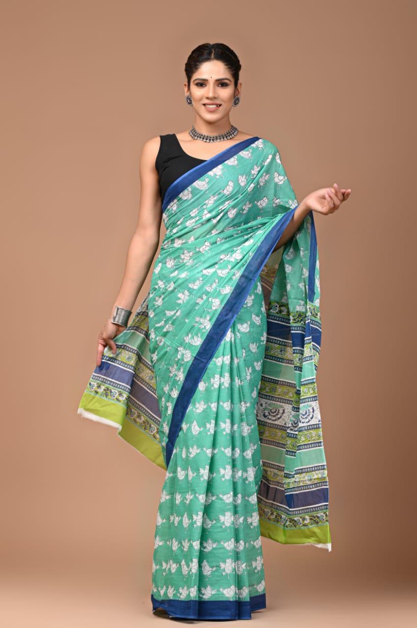 Turquoise Blue Fun Hand Block Print MulMul Cotton Saree