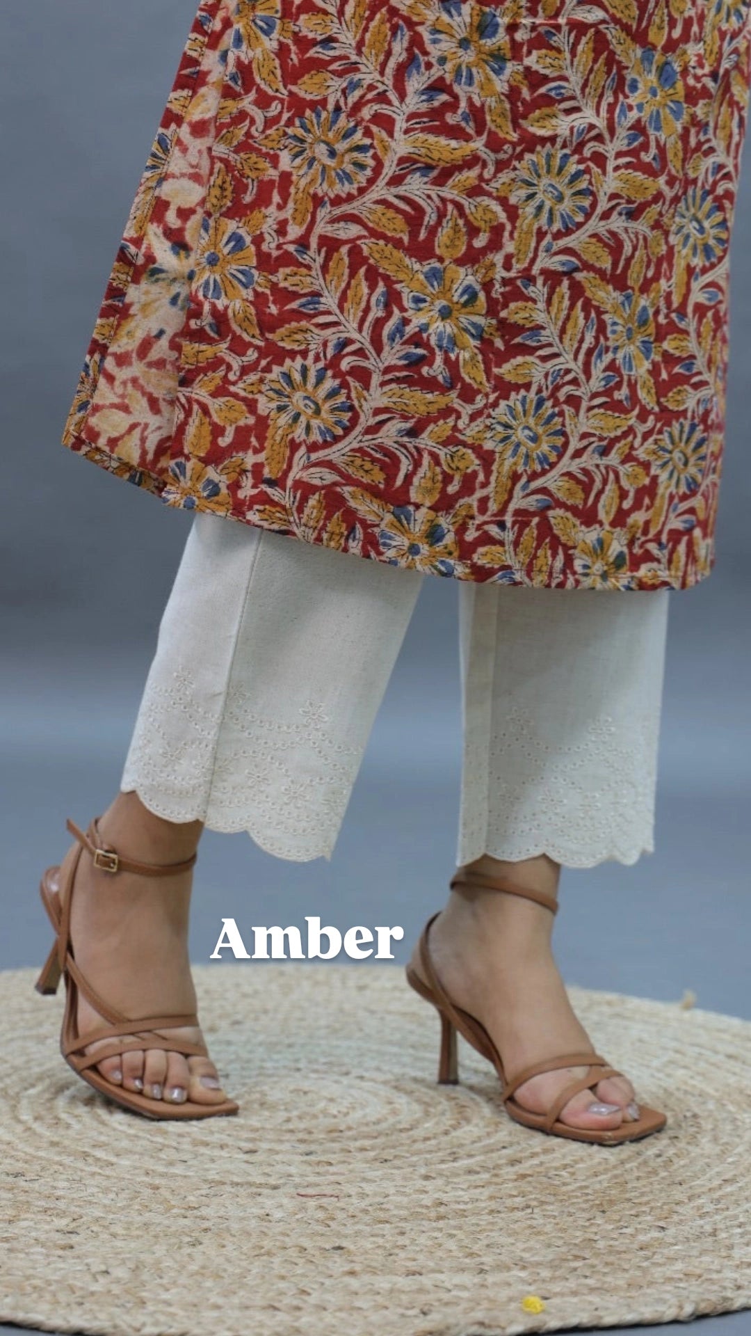 Amber Women Cream Straight Pant In Embriodery Work