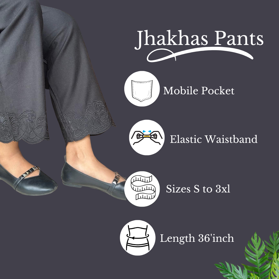 Black Embroidery Straight Pant In Cotton For Women