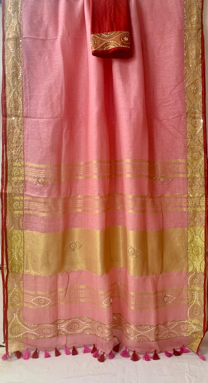 Pink Pure Linen Embroidery Saree