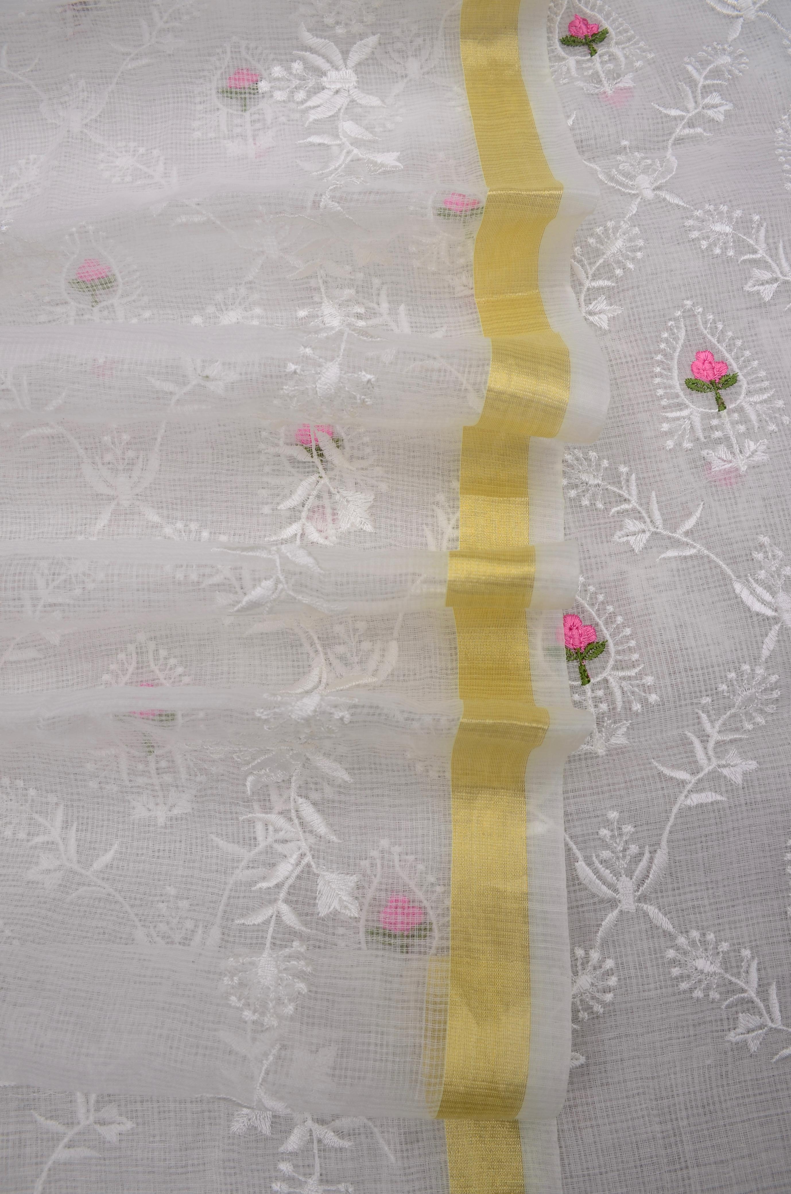White Kota Doria Embroided Suit Fabric With Dupatta