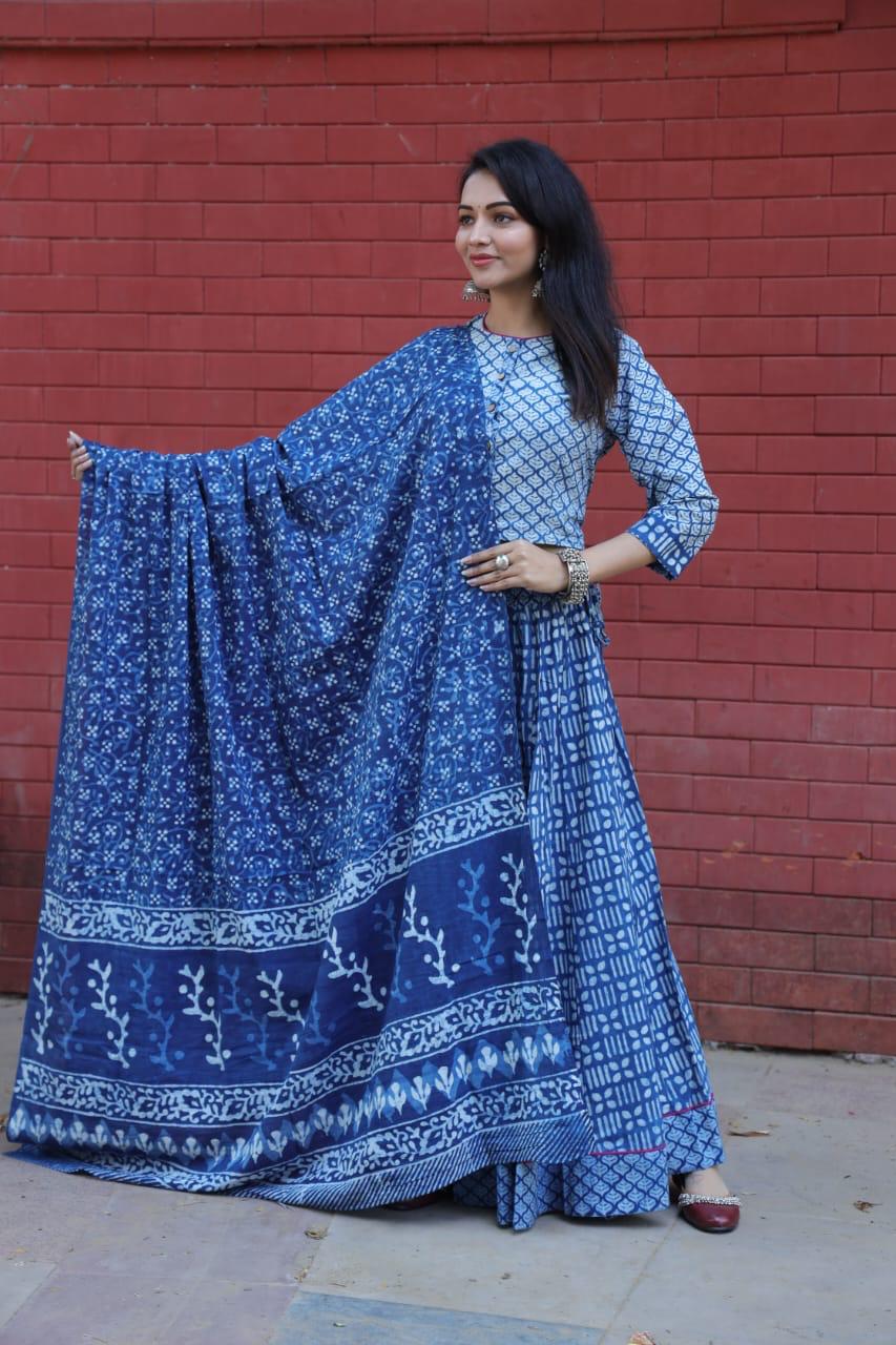 Blue Colour Bagru Print Flora lehenga choli Set