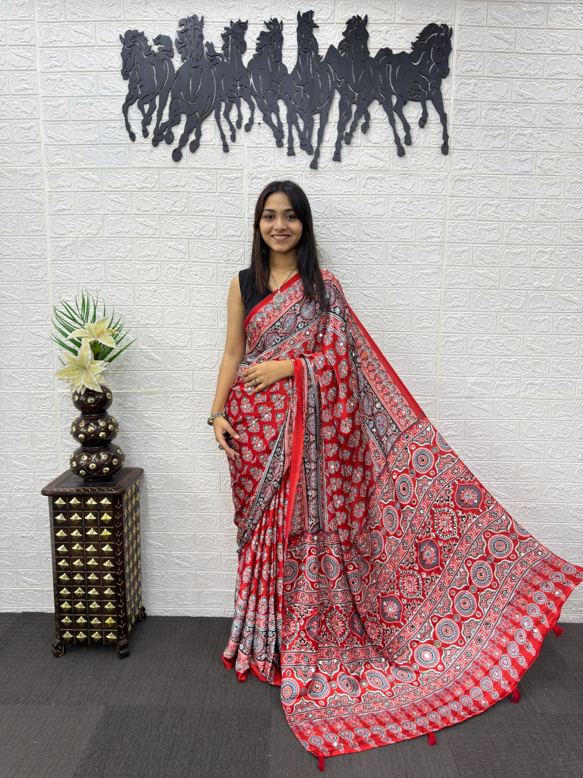 Red Ajrakh Print Mirror Work Satin Silk Saree