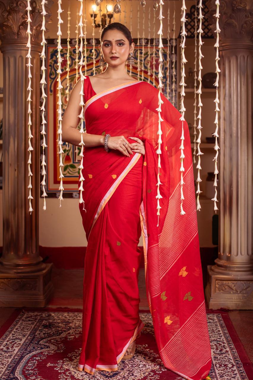 Red Premium Mulmul Cotton Hand Crafted Saree