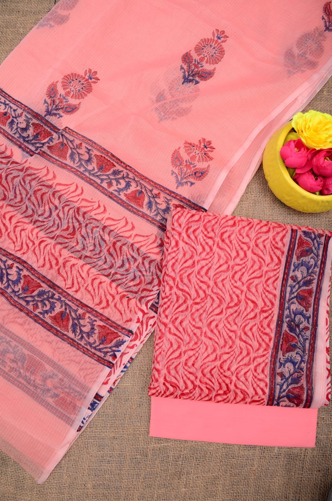 Summer Look Kota Doria Hand Block Print Suit In Peach (unstitched)