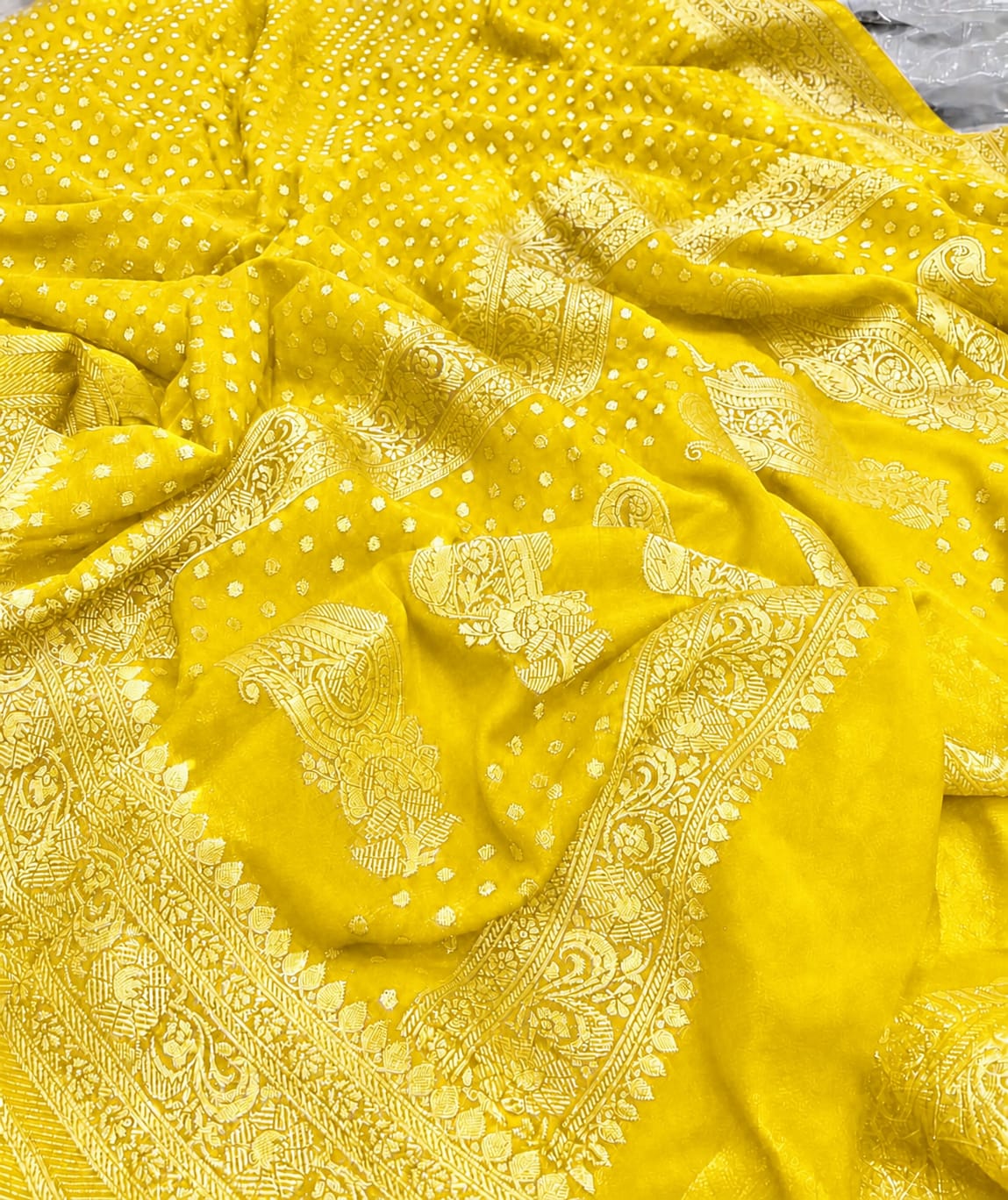 Yellow Banarasee Semi Georgette Small Booti Work Saree