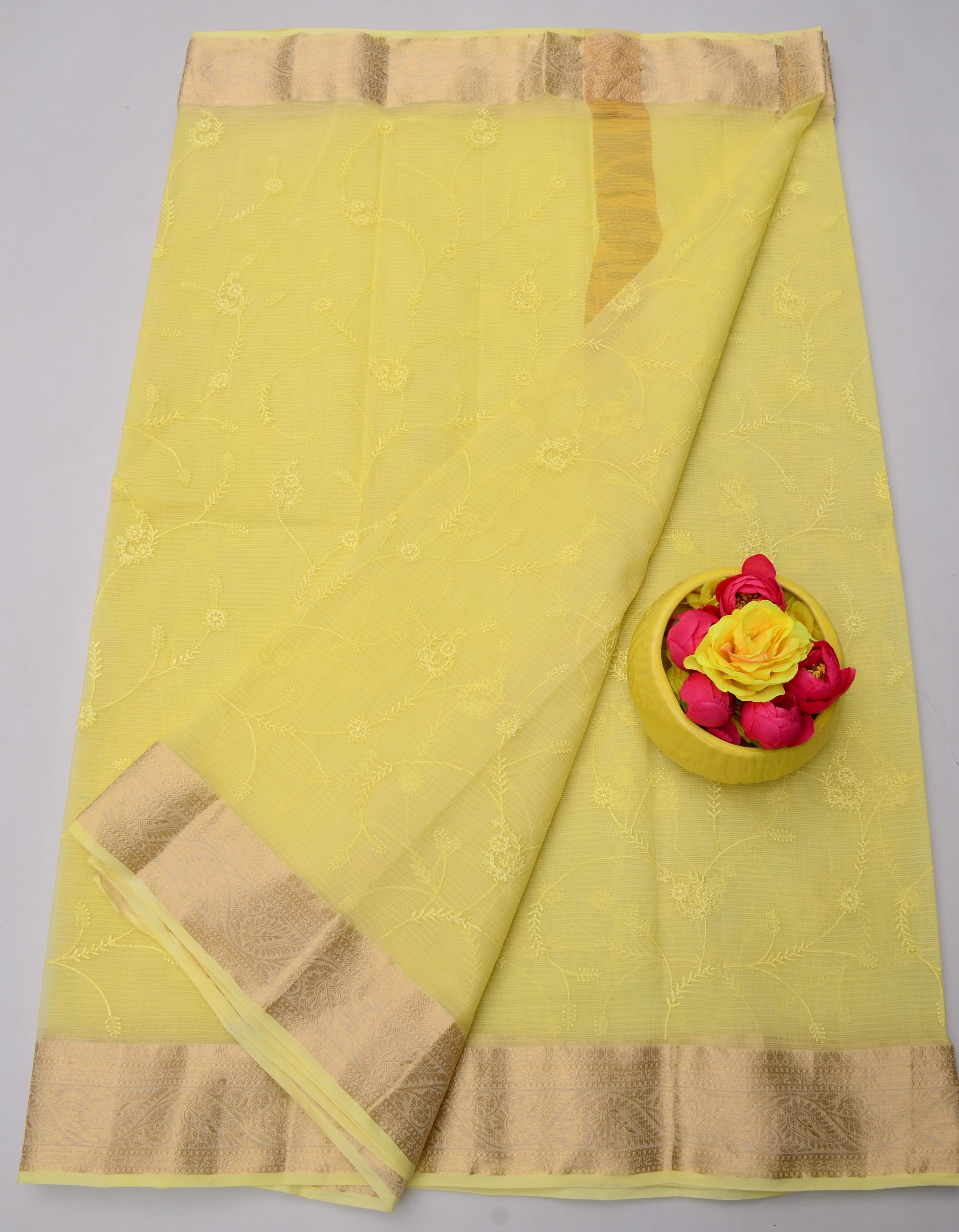 Yellow Kota Doria All Over Embroidery Work Saree