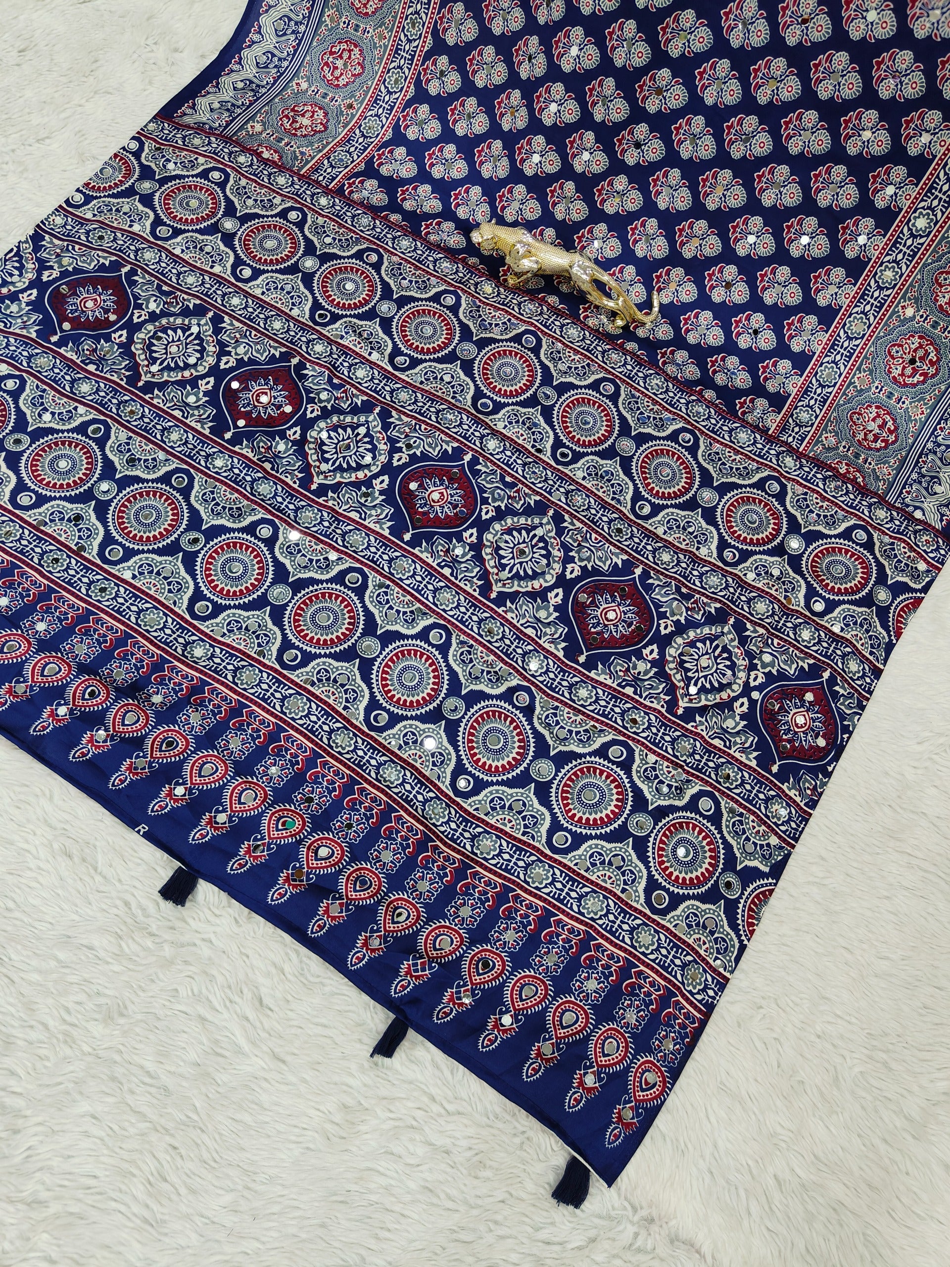 Blue Ajrakh Print Mirror Work Satin Silk Saree
