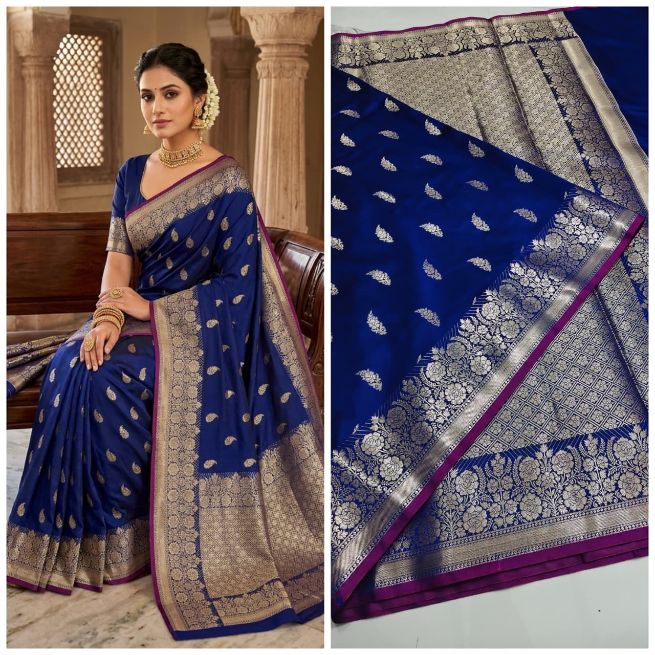 Banarasi Handloom Semi Kathan  Saree In Royal Blue