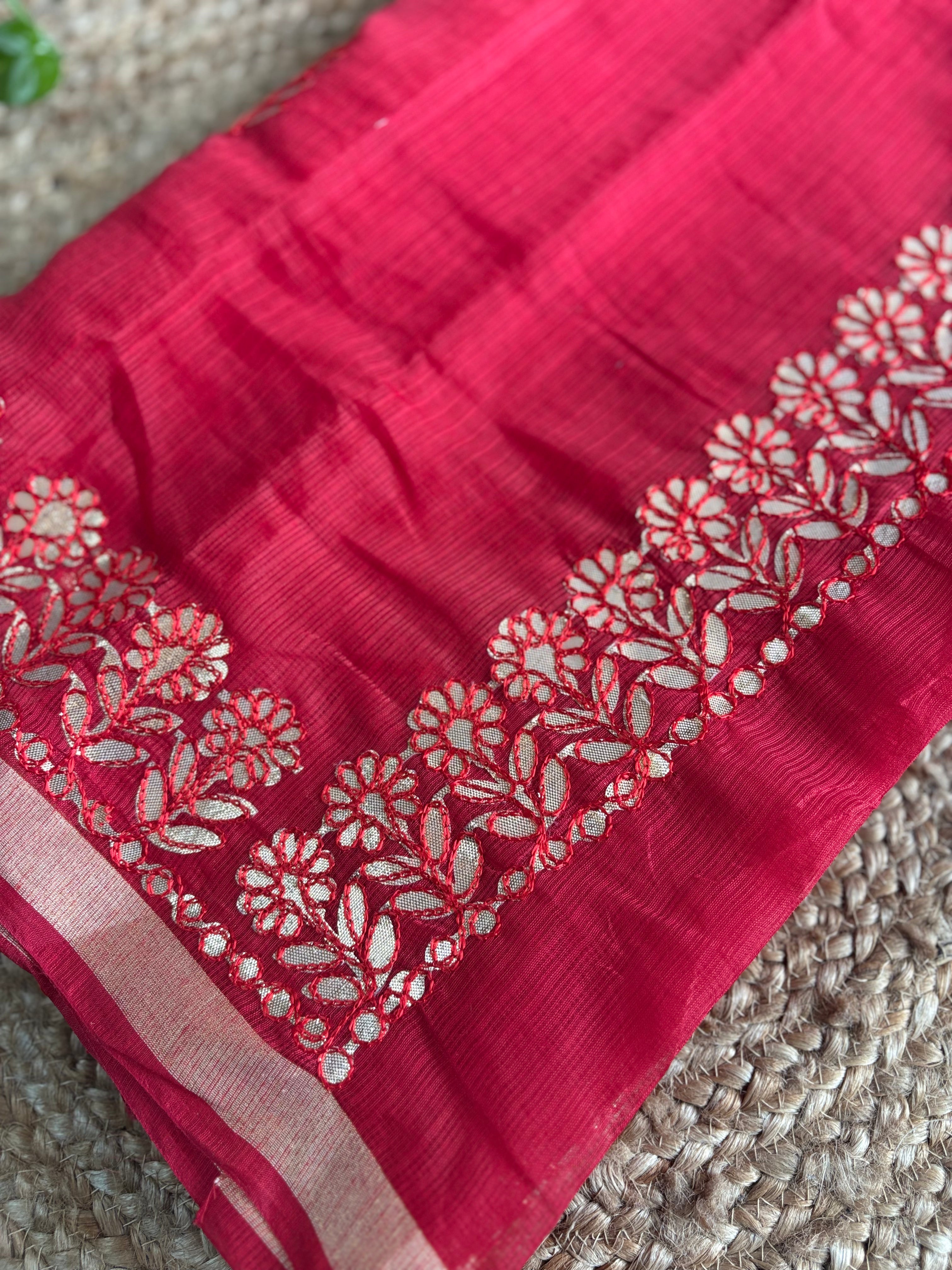 Red Kota Doria Gota Patti Saree