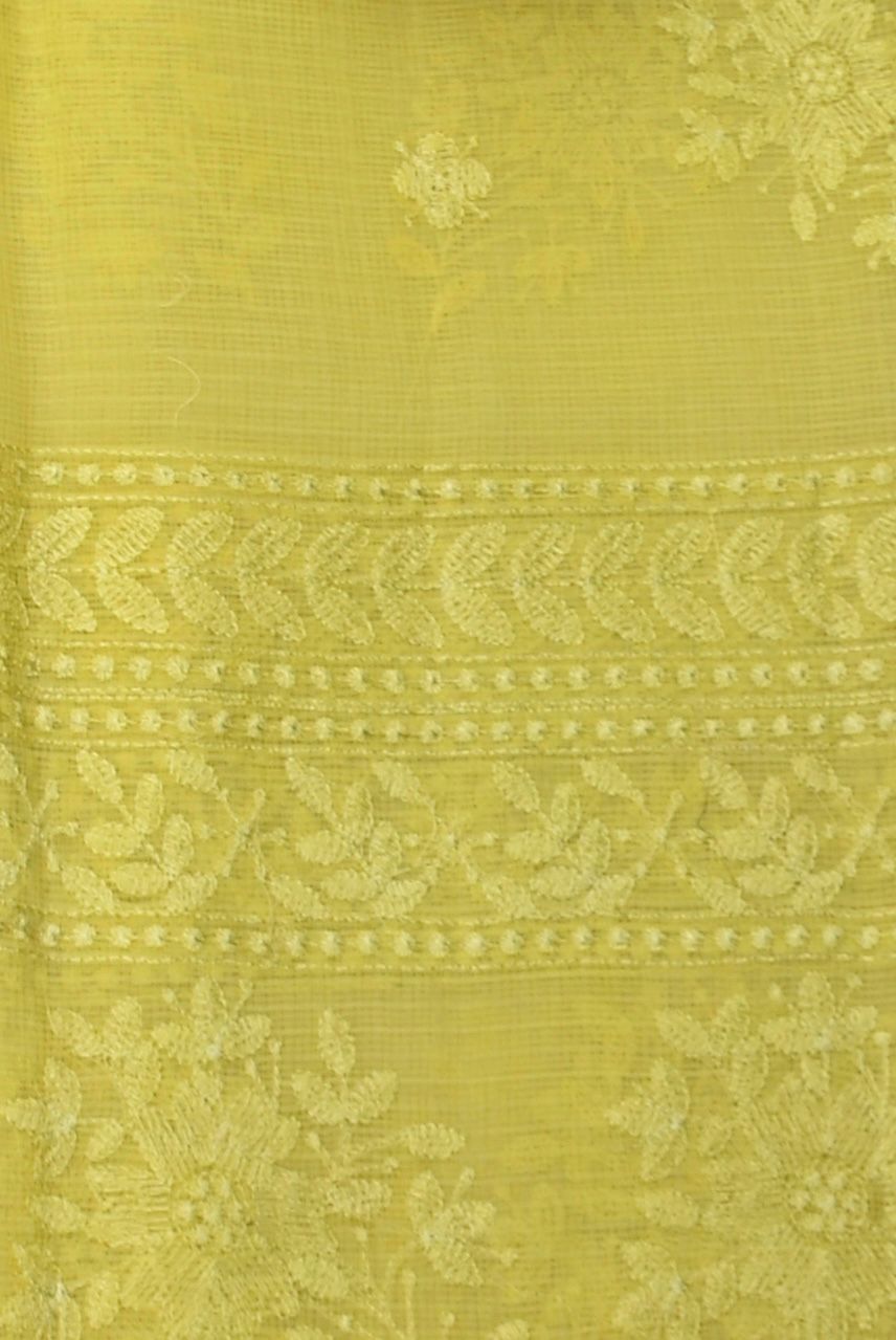 Yellow Kota Doria All Over Embroidery Work Saree