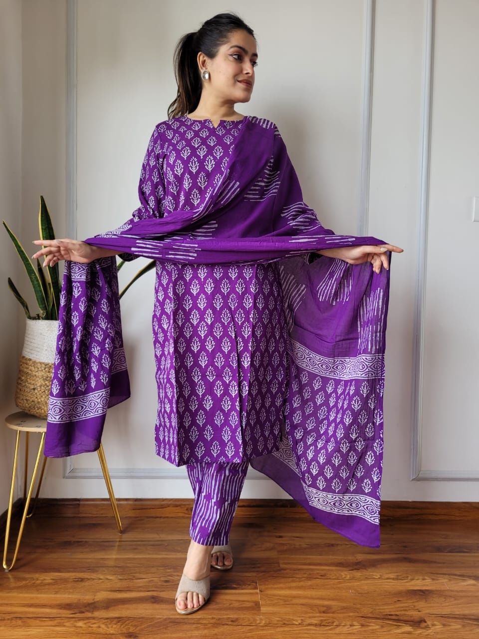 Summer Purple Block Print Suit Set And Dupatta
