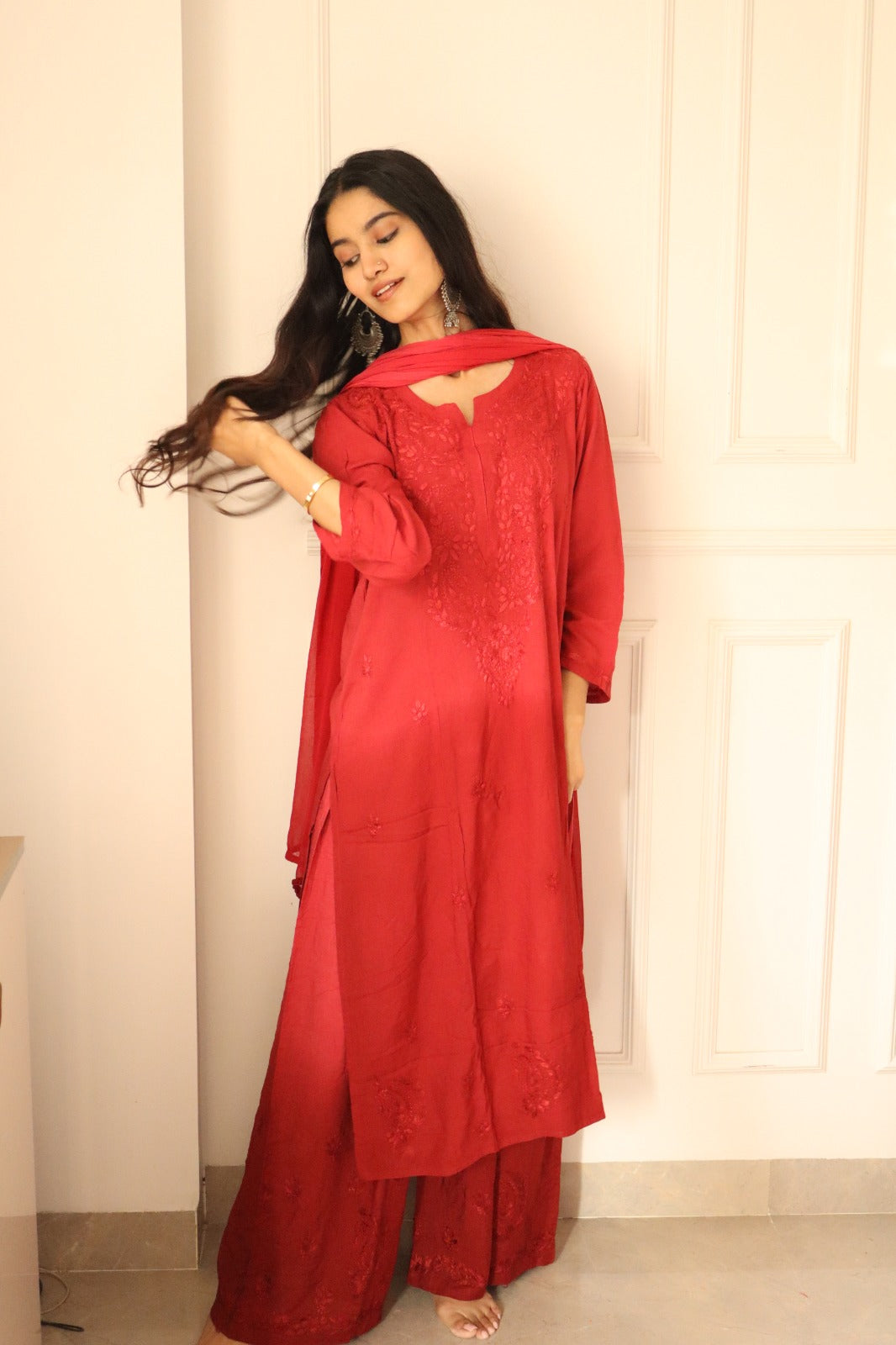 Red Chikankari Rayon Kurti Palazzo Set With Dupatta