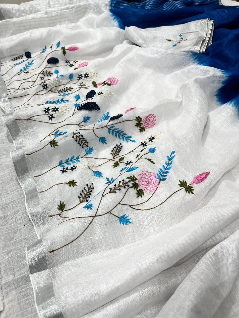 Linen Embroidery Saree In Blue & White