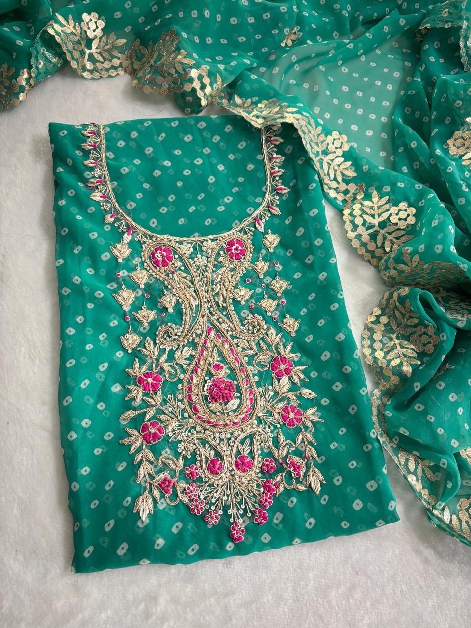 Beautiful Green Color Bandhani Gota Patti Work Suit