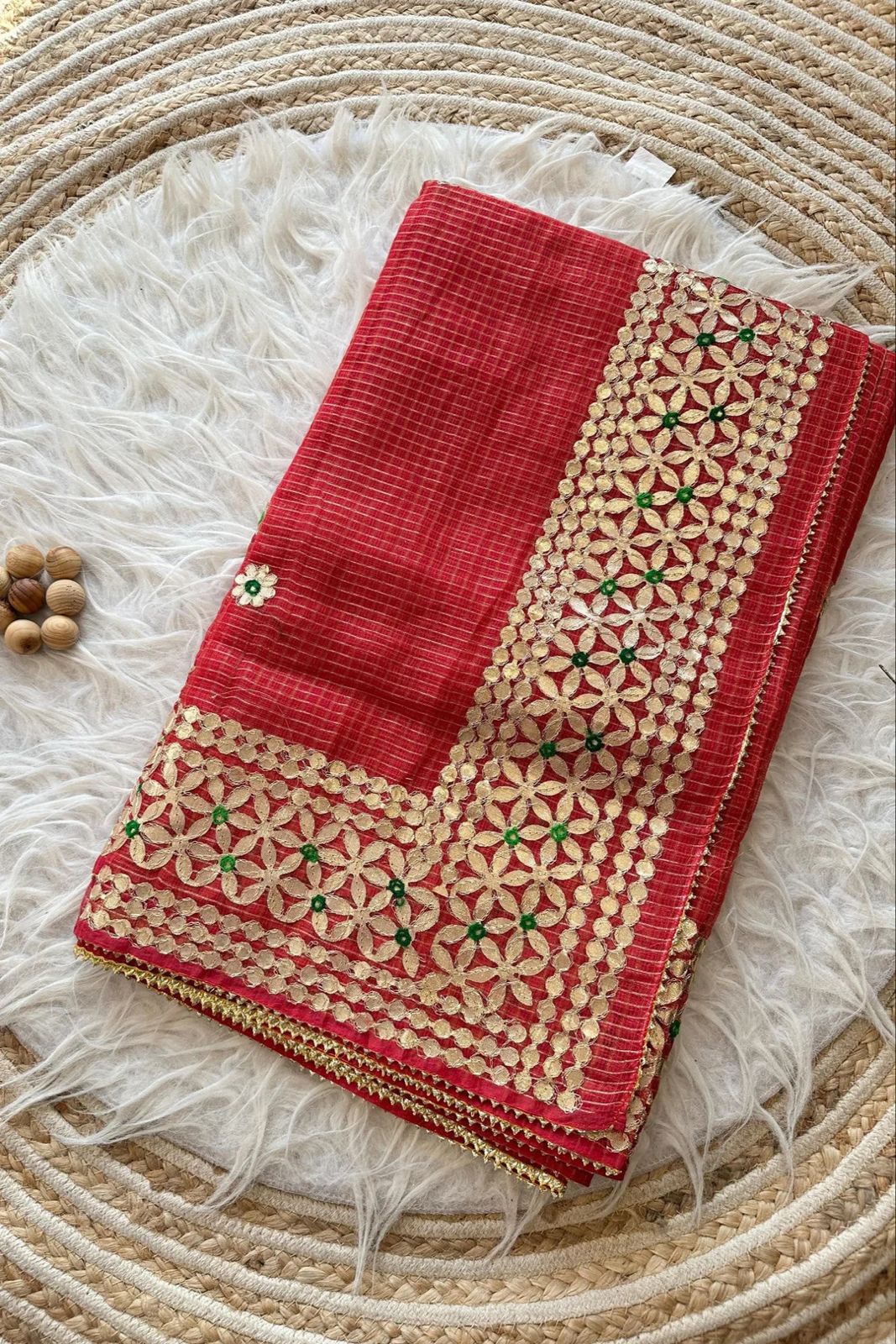 Roothi- Red Kota Doria Heavy Border Gota Patti Saree